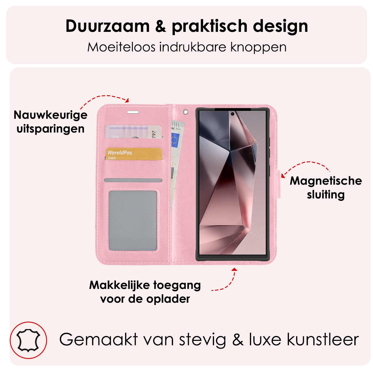 NoXx Hoes Geschikt voor Samsung S24 Ultra Hoesje Book Case Hoes Flip Cover Wallet Bookcase - Lichtroze