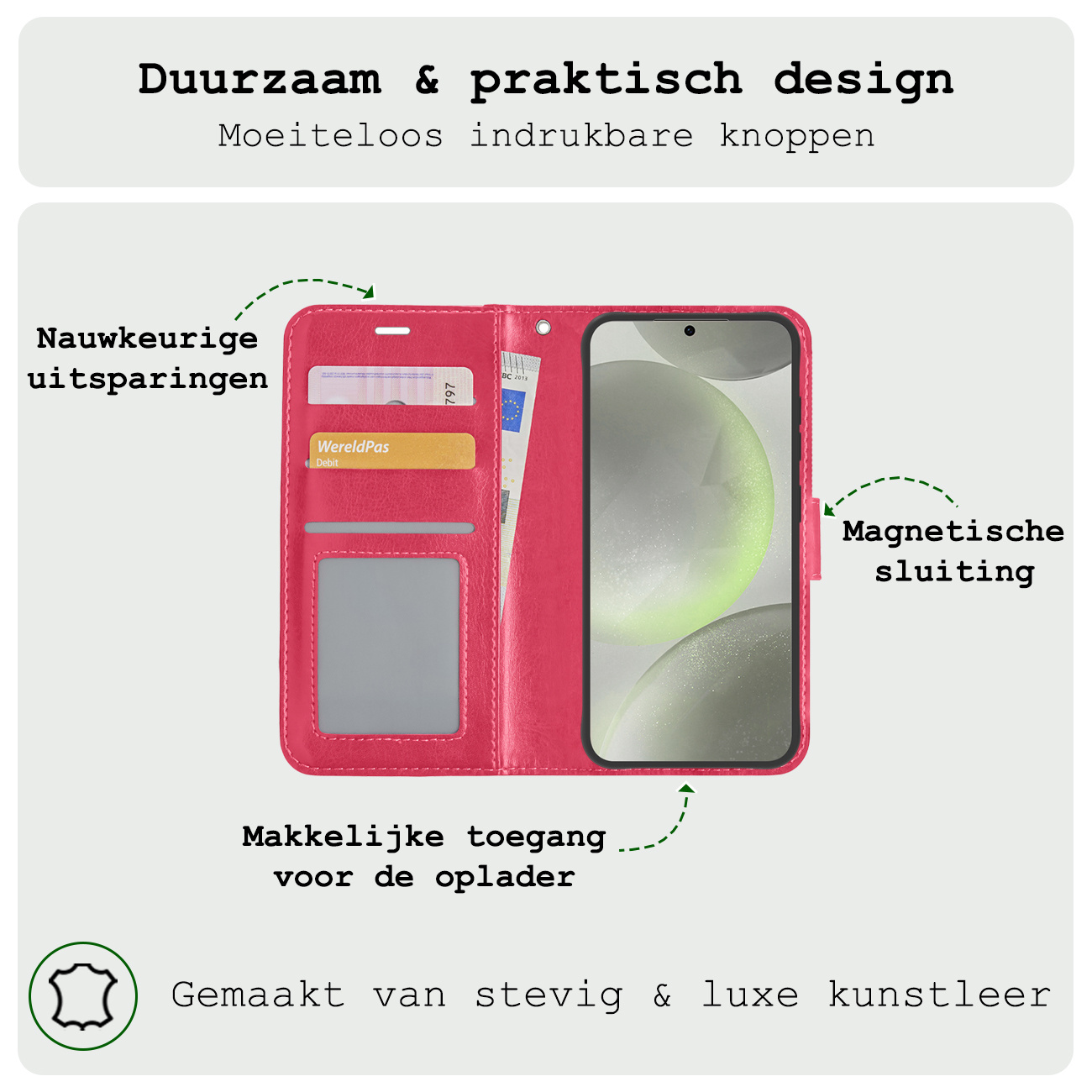 BASEY. Hoes Geschikt voor Samsung S24 Plus Hoesje Bookcase Hoes Flip Case Book Cover - Hoesje Geschikt voor Samsung Galaxy S24 Plus Hoes Book Case Hoesje - Donkerroze