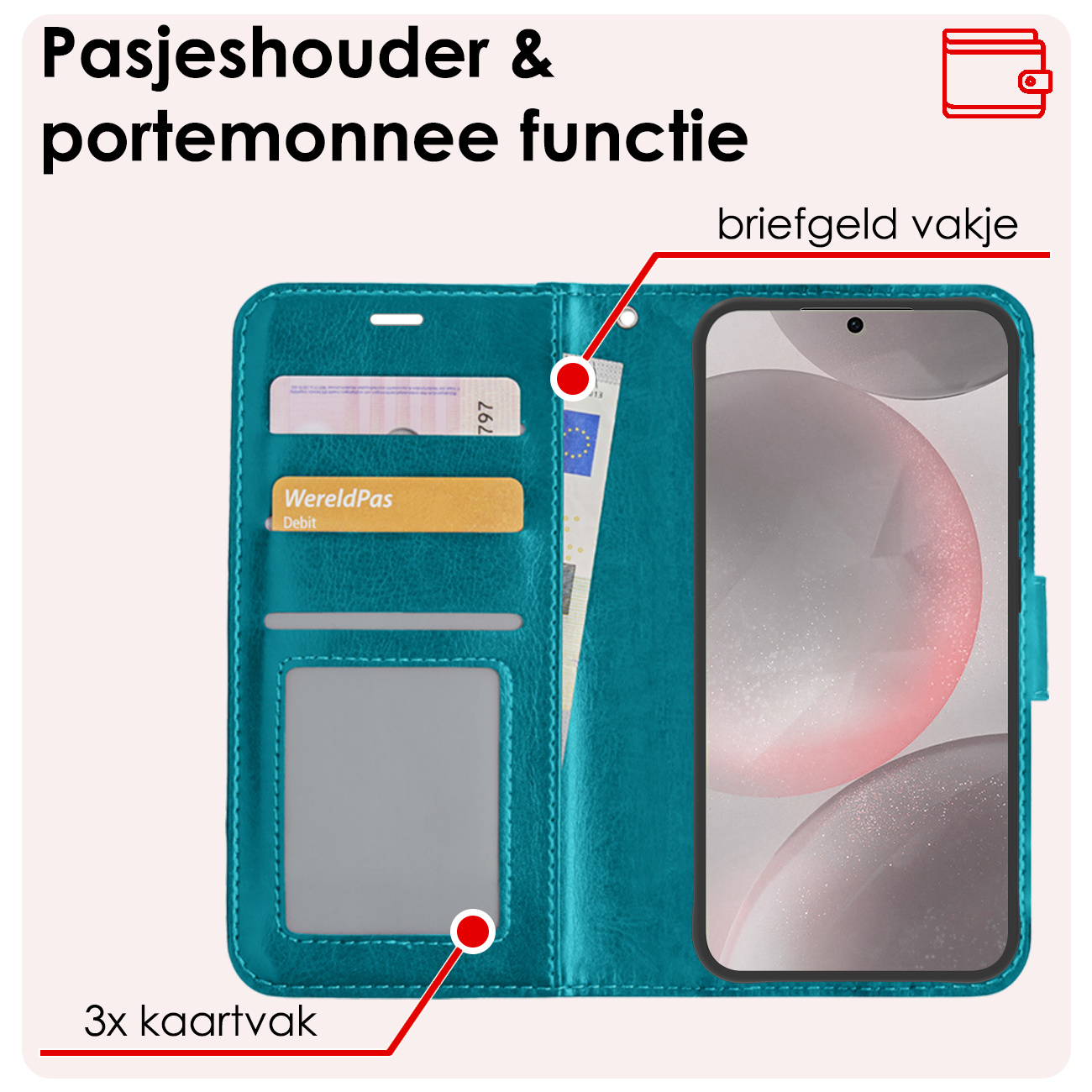 NoXx Hoes Geschikt voor Samsung S24 Plus Hoesje Book Case Hoes Flip Cover Wallet Bookcase - Turquoise