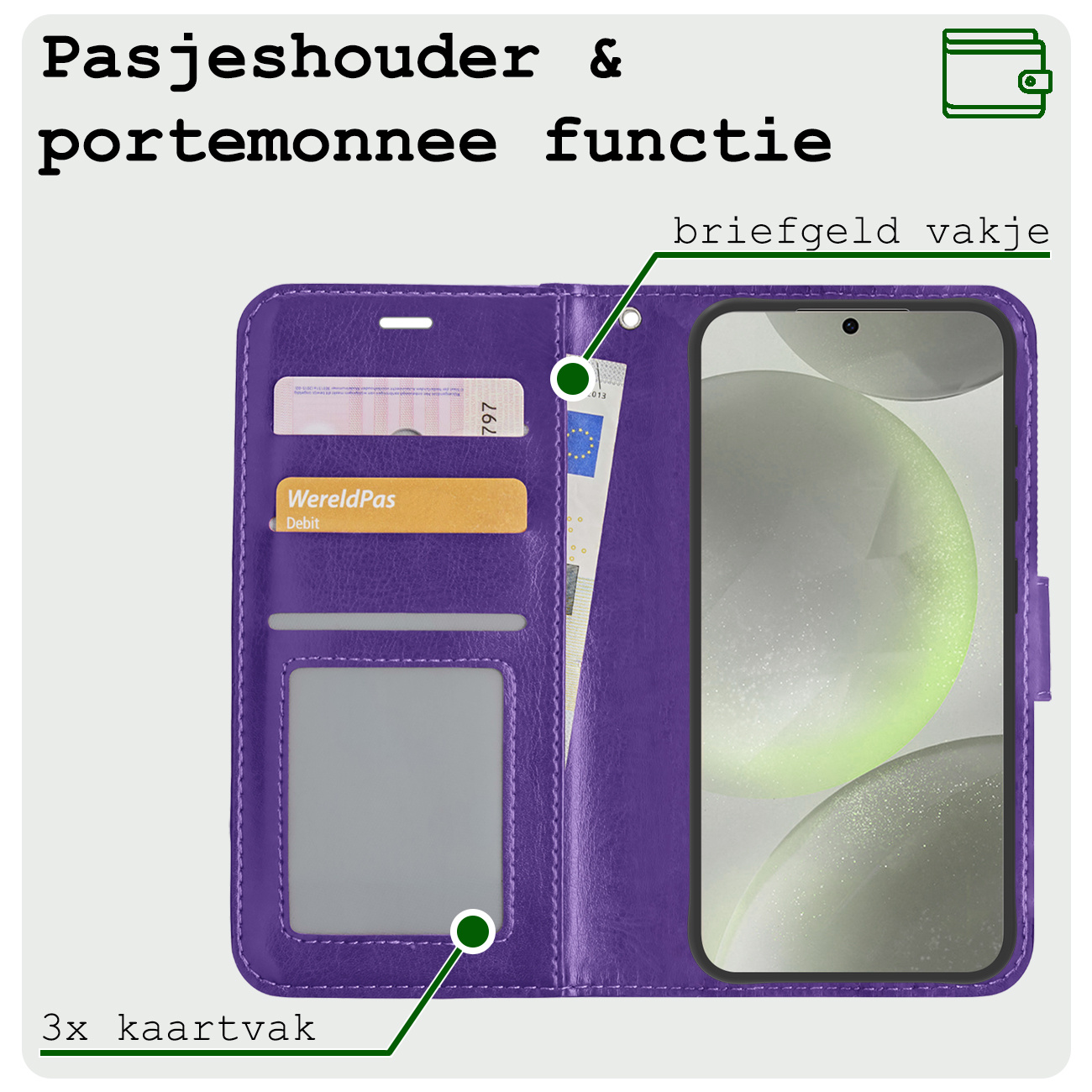 BASEY. Hoes Geschikt voor Samsung S24 Hoesje Bookcase Hoes Flip Case Book Cover - Hoesje Geschikt voor Samsung Galaxy S24 Hoes Book Case Hoesje - Paars