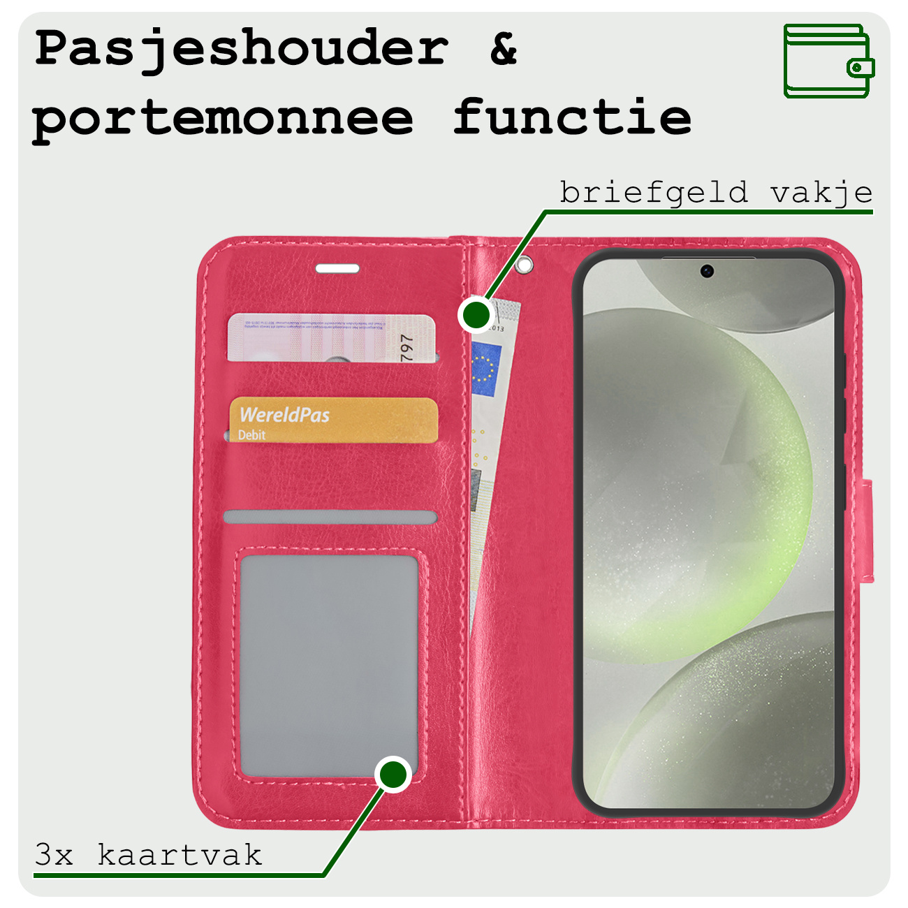 BASEY. Hoes Geschikt voor Samsung S24 Hoesje Bookcase Hoes Flip Case Book Cover - Hoesje Geschikt voor Samsung Galaxy S24 Hoes Book Case Hoesje - Donkerroze