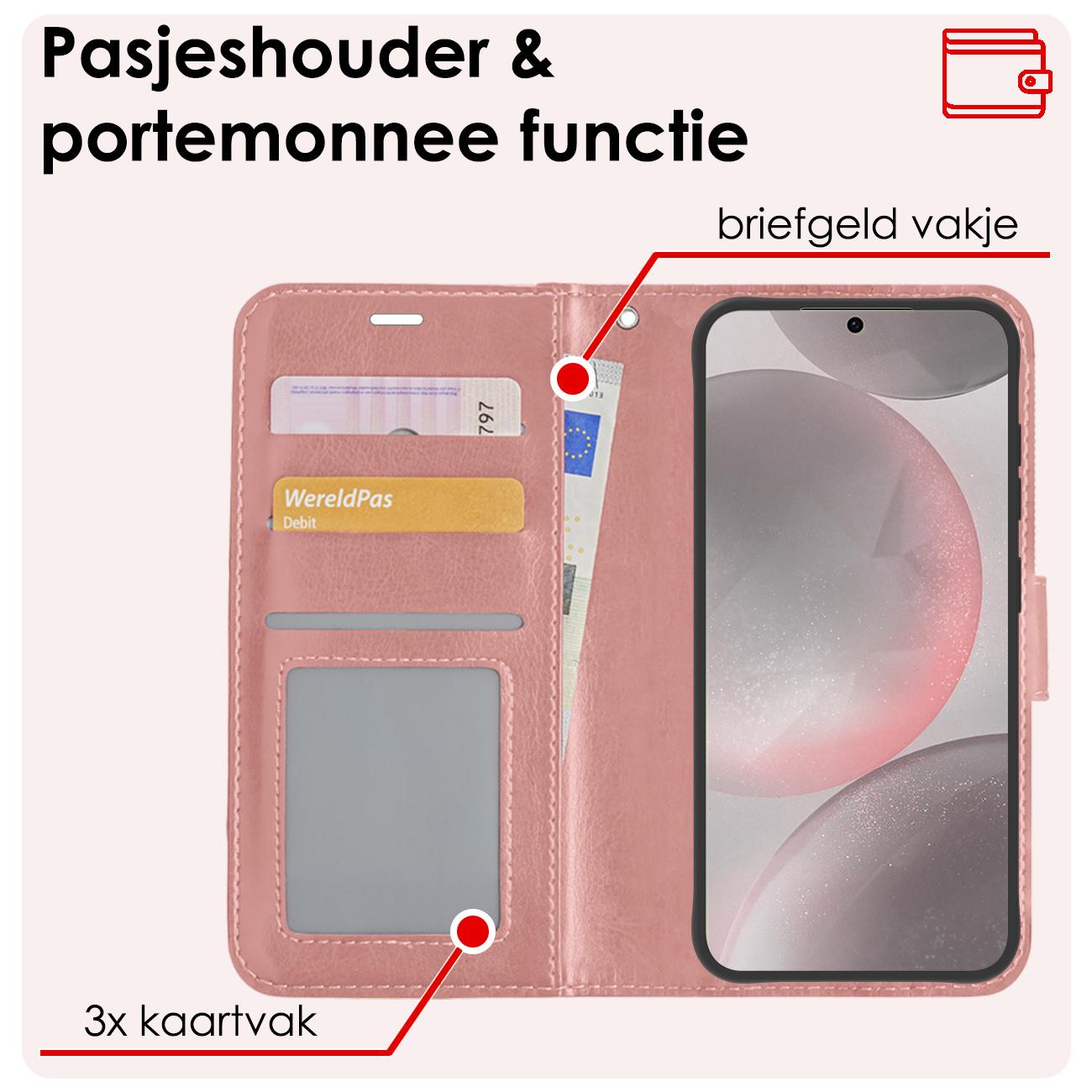 NoXx Hoes Geschikt voor Samsung S24 Hoesje Book Case Hoes Flip Cover Wallet Bookcase - Rosé goud