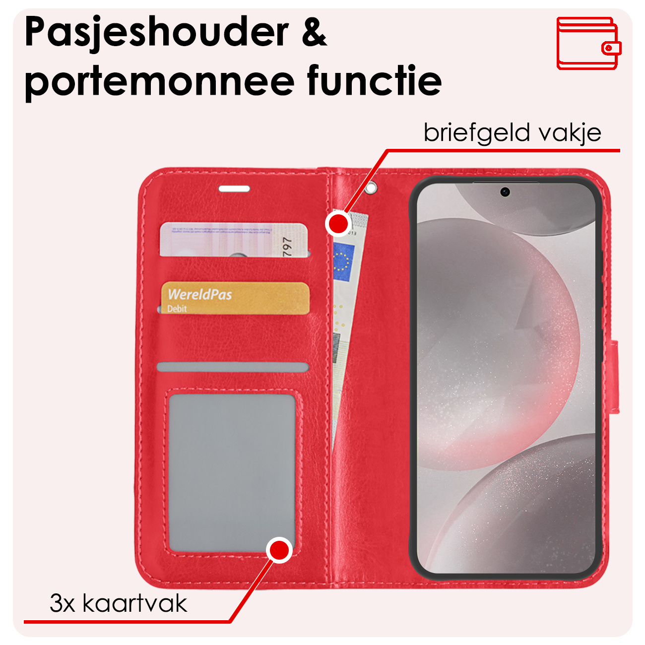 NoXx Hoes Geschikt voor Samsung S24 Hoesje Book Case Hoes Flip Cover Wallet Bookcase - Rood
