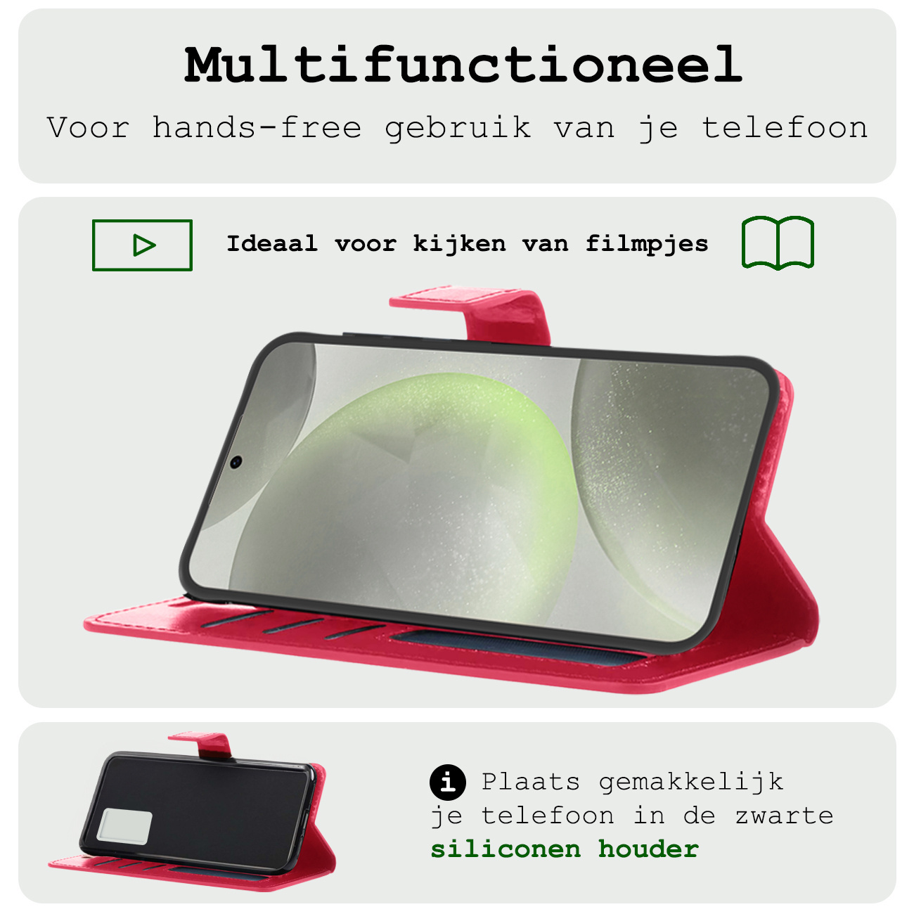 BASEY. Hoes Geschikt voor Samsung S24 Hoesje Bookcase Hoes Flip Case Book Cover Met Screenprotector - Hoesje Geschikt voor Samsung Galaxy S24 Hoes Book Case Hoesje - Donkerroze