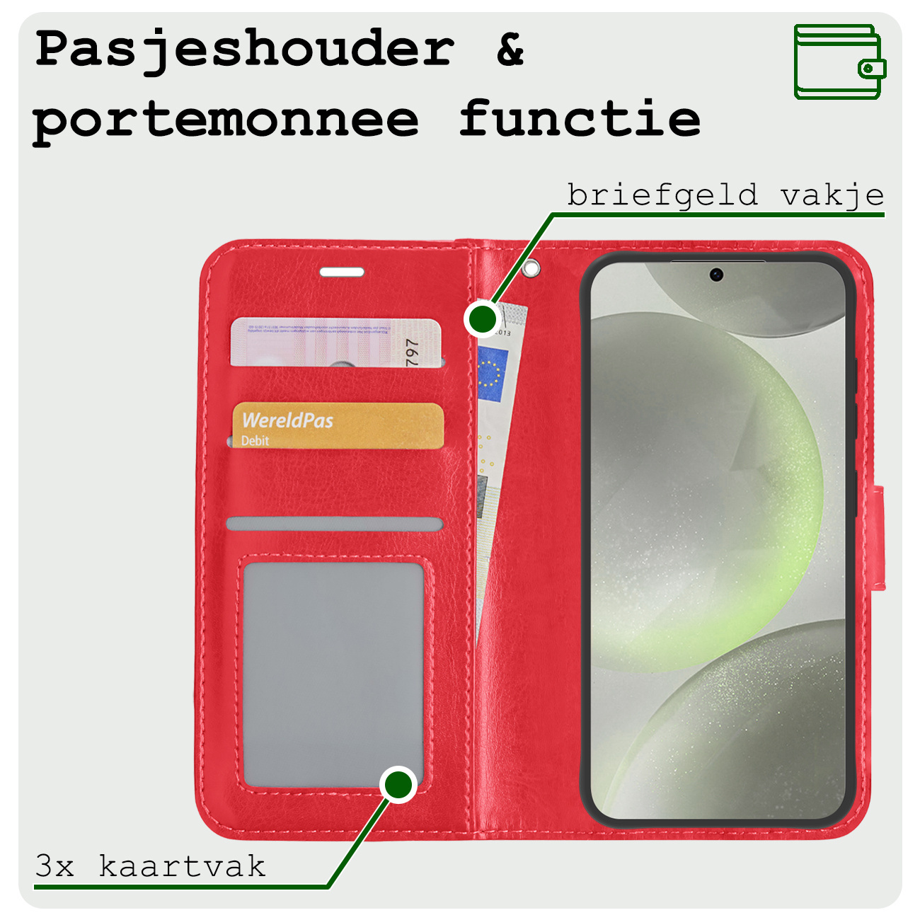 BASEY. Hoes Geschikt voor Samsung S24 Hoesje Bookcase Hoes Flip Case Book Cover Met Screenprotector - Hoesje Geschikt voor Samsung Galaxy S24 Hoes Book Case Hoesje - Rood