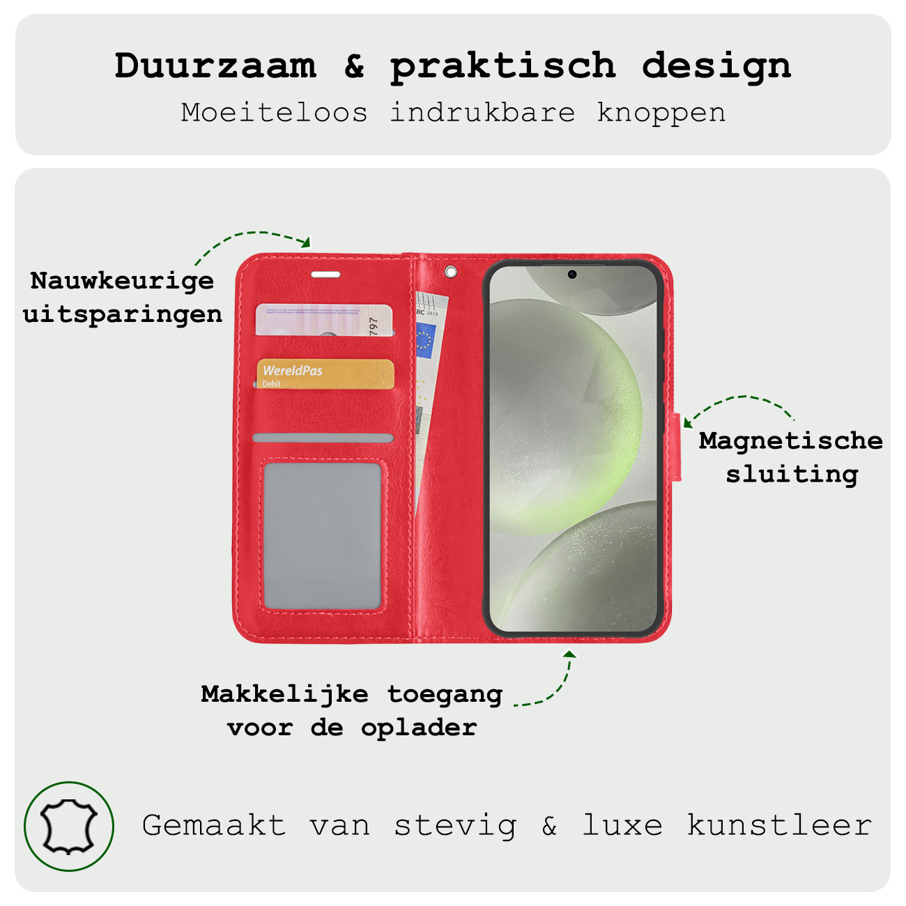 BASEY. Hoes Geschikt voor Samsung S24 Hoesje Bookcase Hoes Flip Case Book Cover Met Screenprotector - Hoesje Geschikt voor Samsung Galaxy S24 Hoes Book Case Hoesje - Rood