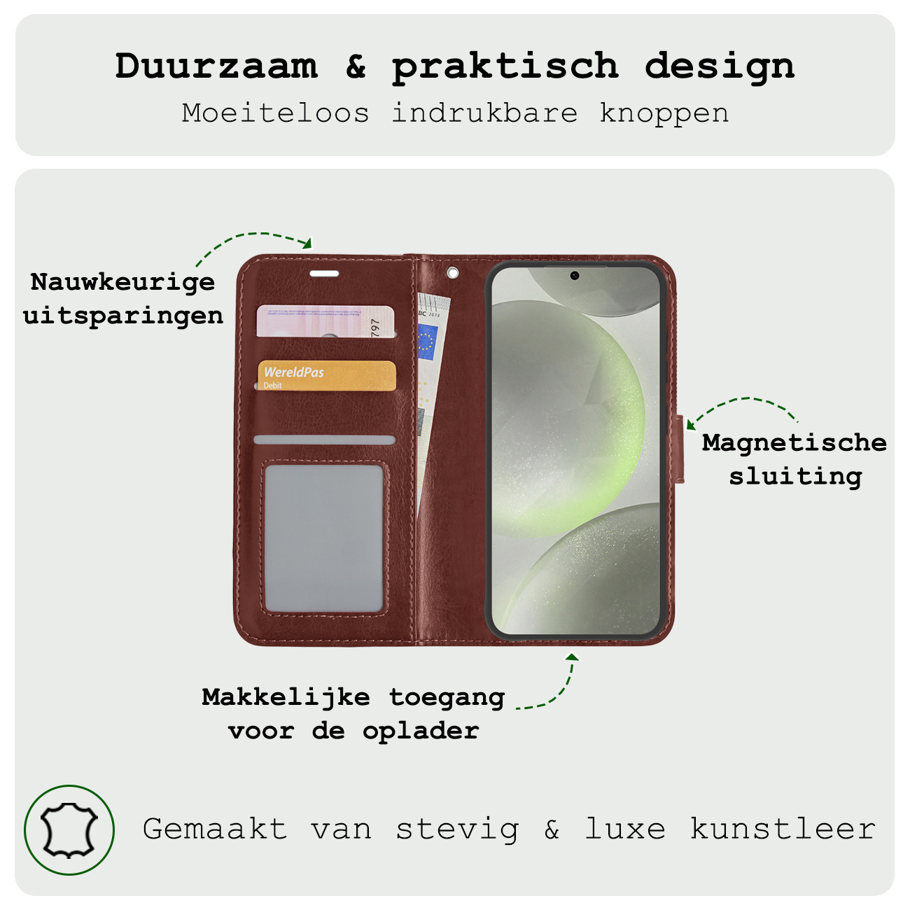 BASEY. Hoes Geschikt voor Samsung S24 Hoesje Bookcase Hoes Flip Case Book Cover Met 2x Screenprotector - Hoesje Geschikt voor Samsung Galaxy S24 Hoes Book Case Hoesje - Bruin