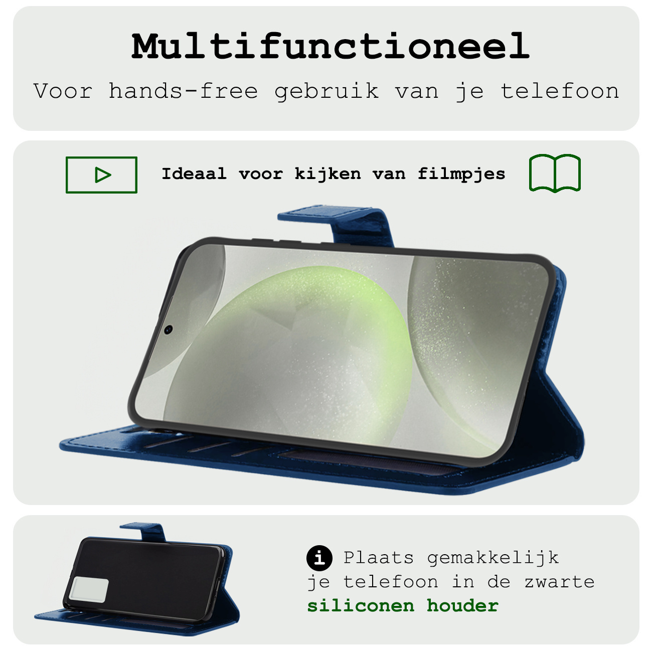 BASEY. Hoes Geschikt voor Samsung S24 Hoesje Bookcase Hoes Flip Case Book Cover Met 2x Screenprotector - Hoesje Geschikt voor Samsung Galaxy S24 Hoes Book Case Hoesje - Donkerblauw