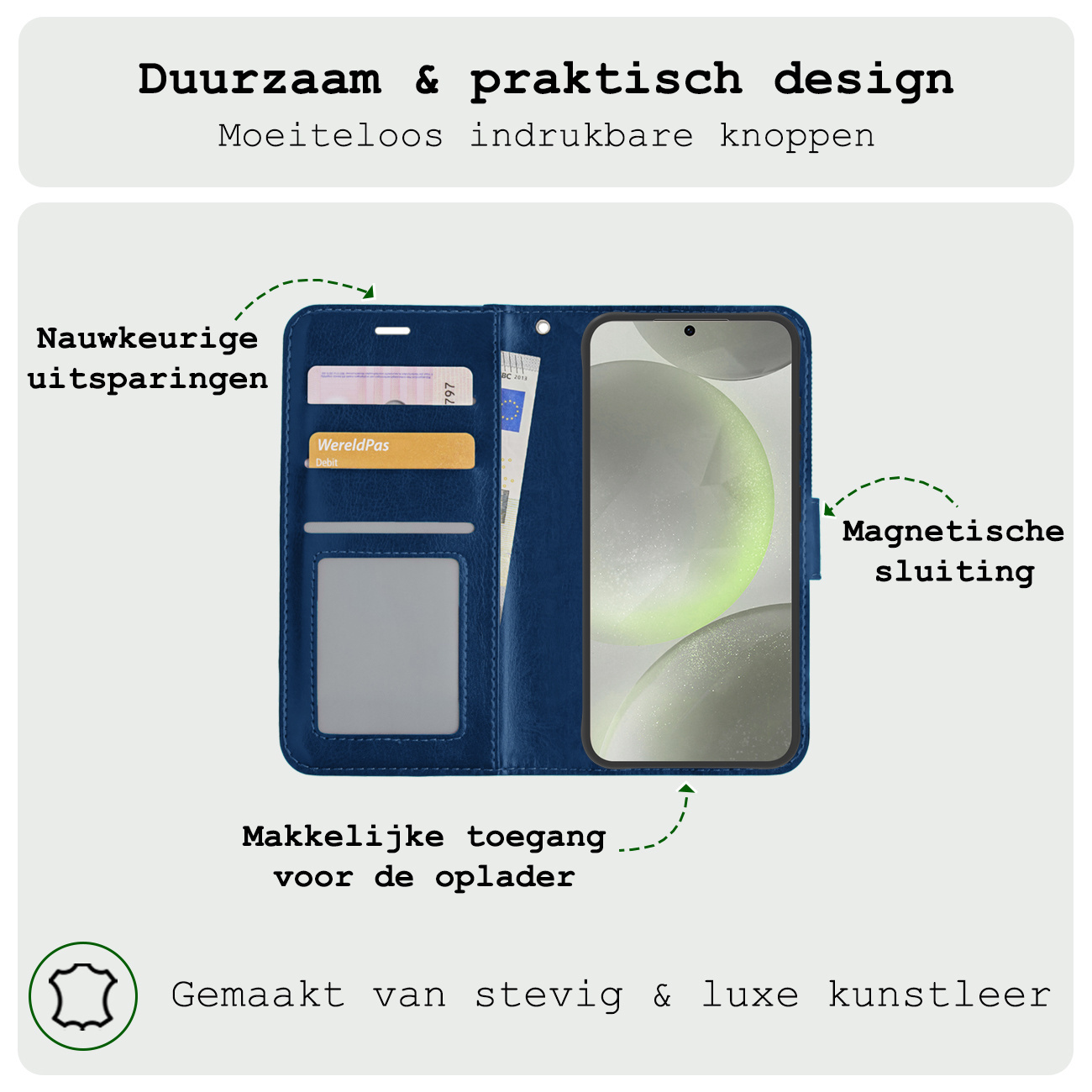 BASEY. Hoes Geschikt voor Samsung S24 Hoesje Bookcase Hoes Flip Case Book Cover Met 2x Screenprotector - Hoesje Geschikt voor Samsung Galaxy S24 Hoes Book Case Hoesje - Donkerblauw