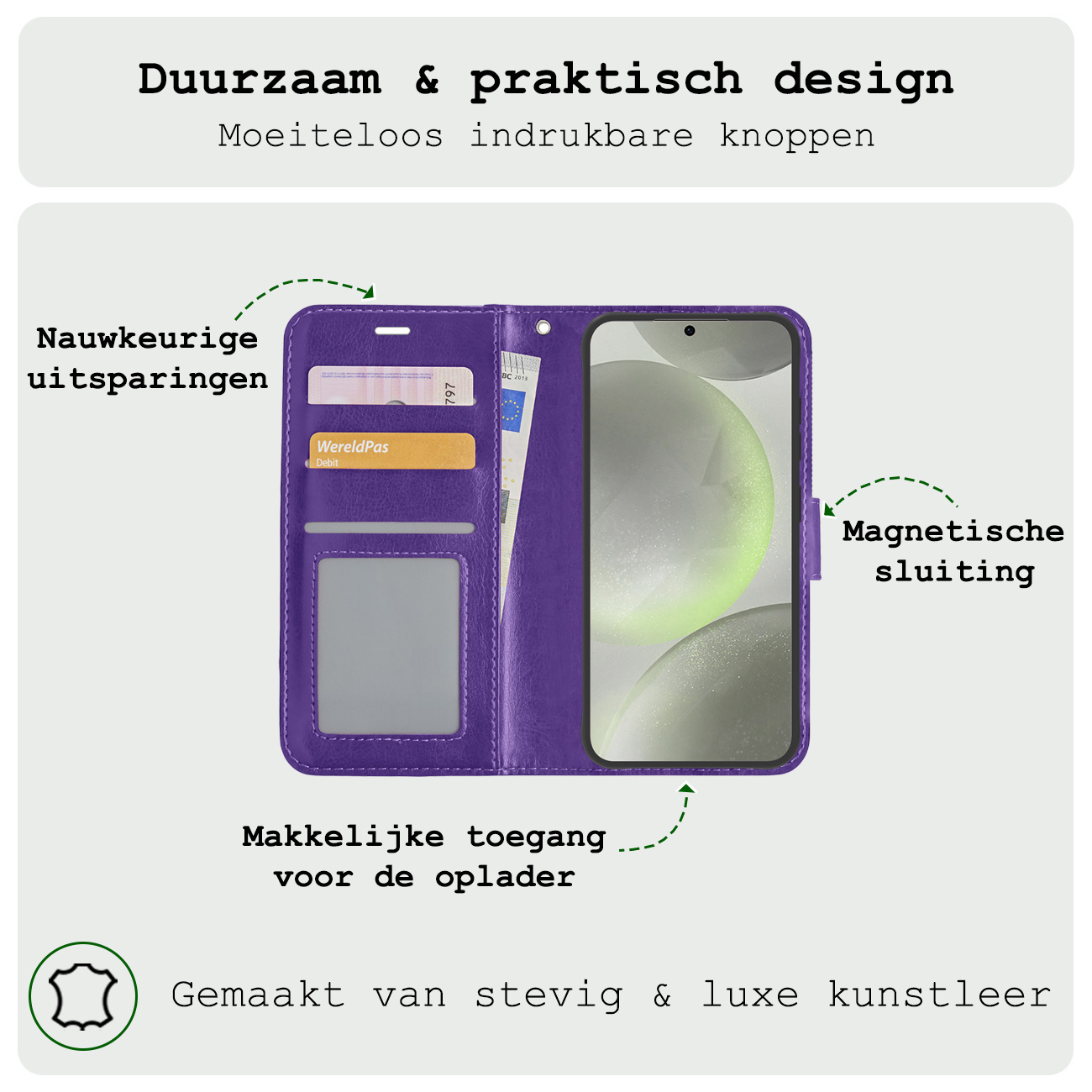 BASEY. Hoes Geschikt voor Samsung S24 Hoesje Bookcase Hoes Flip Case Book Cover Met 2x Screenprotector - Hoesje Geschikt voor Samsung Galaxy S24 Hoes Book Case Hoesje - Paars