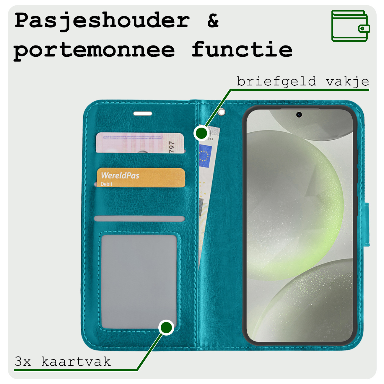 BASEY. Hoes Geschikt voor Samsung S24 Hoesje Bookcase Hoes Flip Case Book Cover Met 2x Screenprotector - Hoesje Geschikt voor Samsung Galaxy S24 Hoes Book Case Hoesje - Turquoise