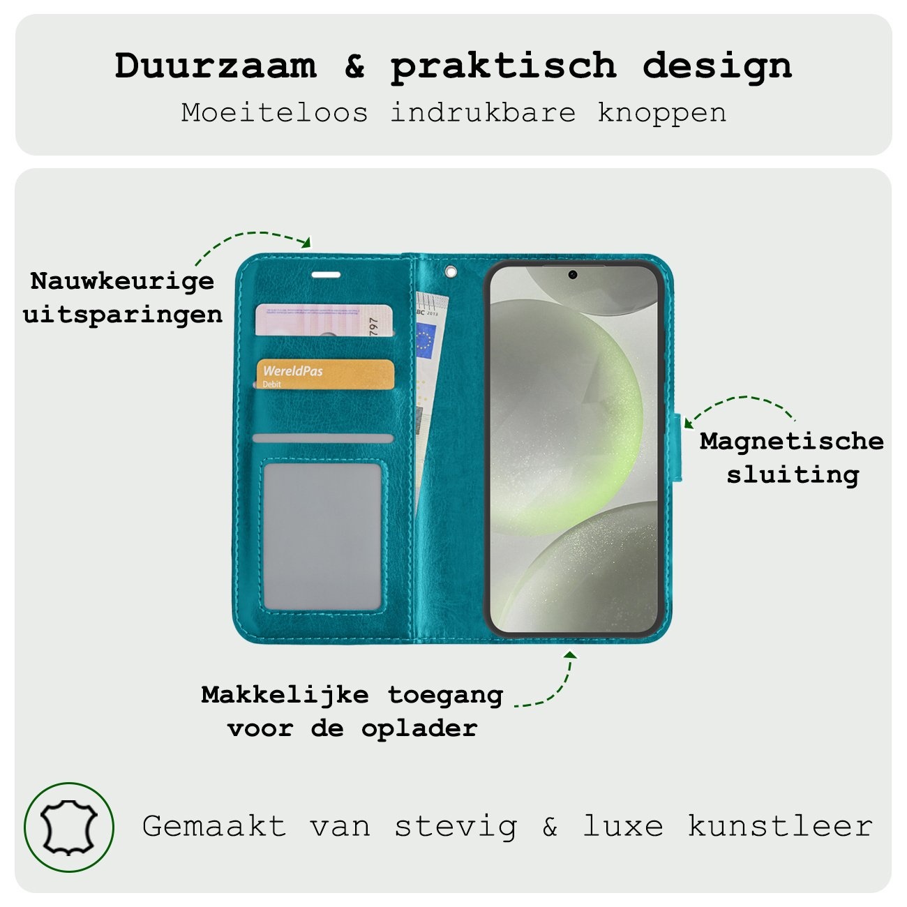 BASEY. Hoes Geschikt voor Samsung S24 Hoesje Bookcase Hoes Flip Case Book Cover Met 2x Screenprotector - Hoesje Geschikt voor Samsung Galaxy S24 Hoes Book Case Hoesje - Turquoise