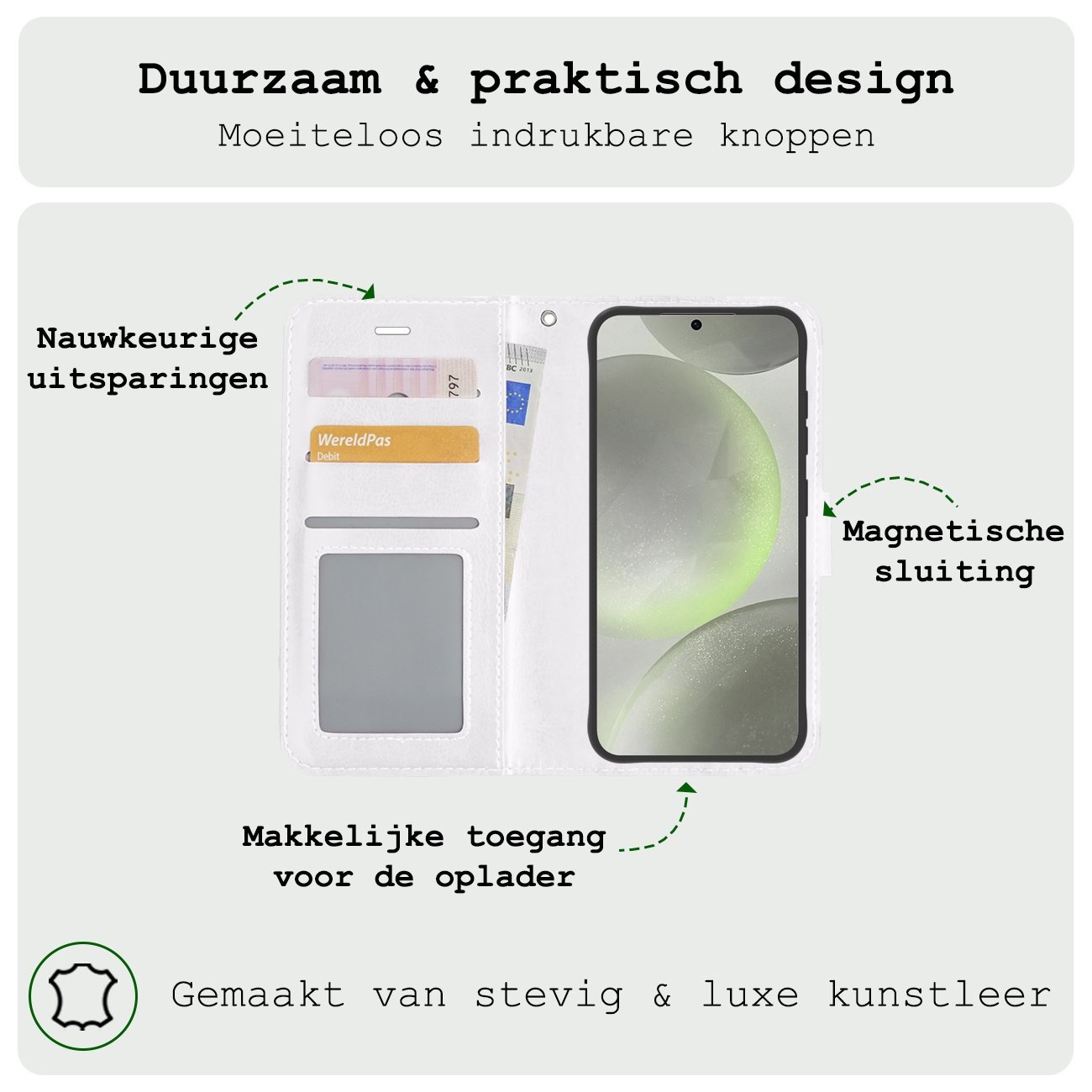 BASEY. Hoes Geschikt voor Samsung S24 Hoesje Bookcase Hoes Flip Case Book Cover Met 2x Screenprotector - Hoesje Geschikt voor Samsung Galaxy S24 Hoes Book Case Hoesje - Wit