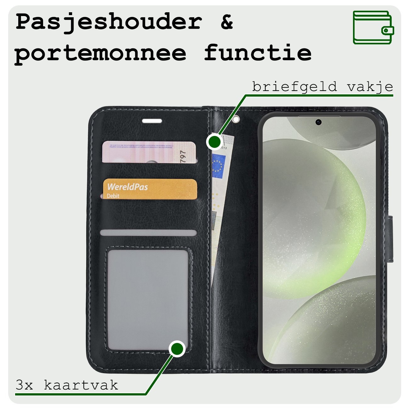 BASEY. Hoes Geschikt voor Samsung S24 Hoesje Bookcase Hoes Flip Case Book Cover Met 2x Screenprotector - Hoesje Geschikt voor Samsung Galaxy S24 Hoes Book Case Hoesje - Zwart