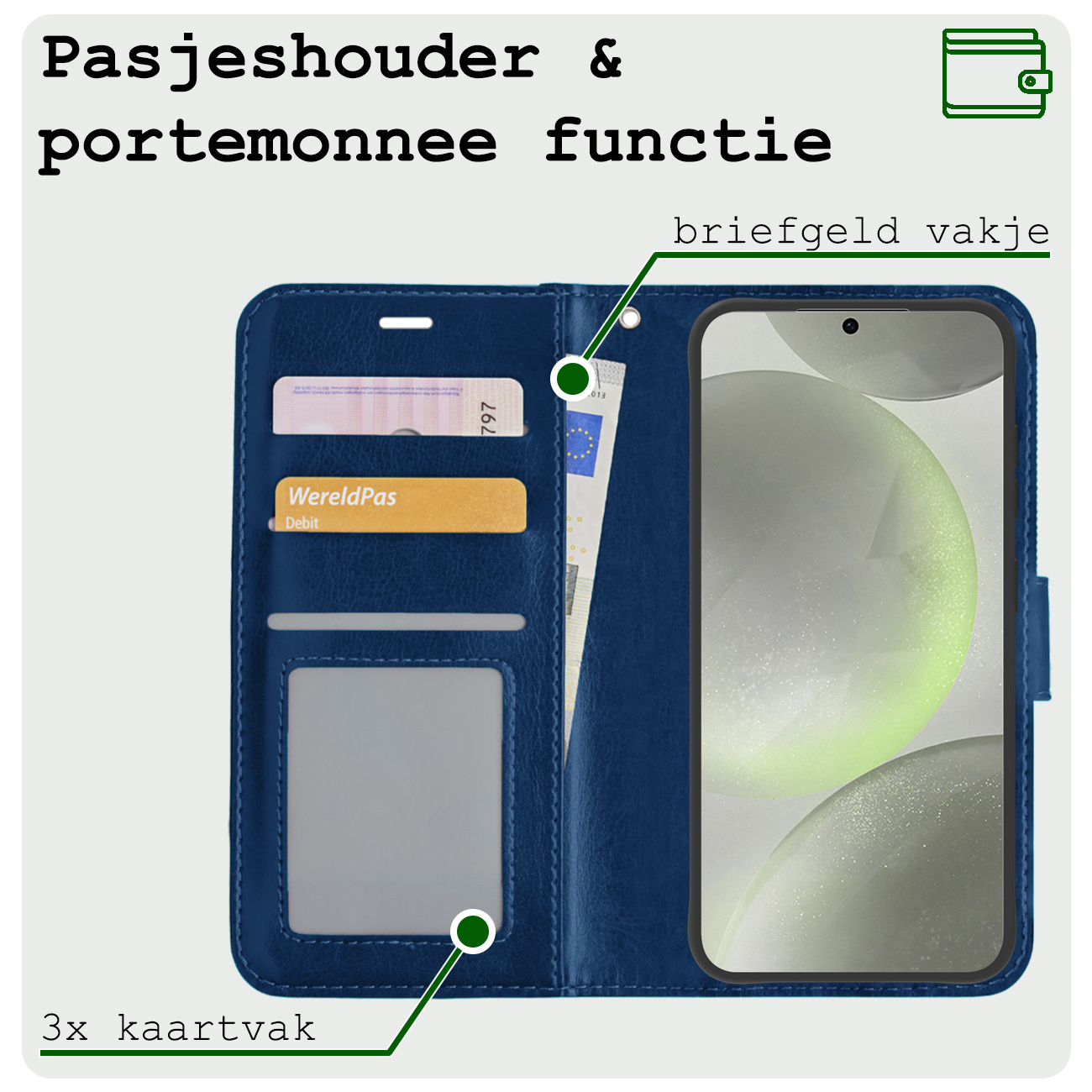 BASEY. Hoes Geschikt voor Samsung S24 Plus Hoesje Bookcase Hoes Flip Case Book Cover Met Screenprotector - Hoesje Geschikt voor Samsung Galaxy S24 Plus Hoes Book Case Hoesje - Donkerblauw