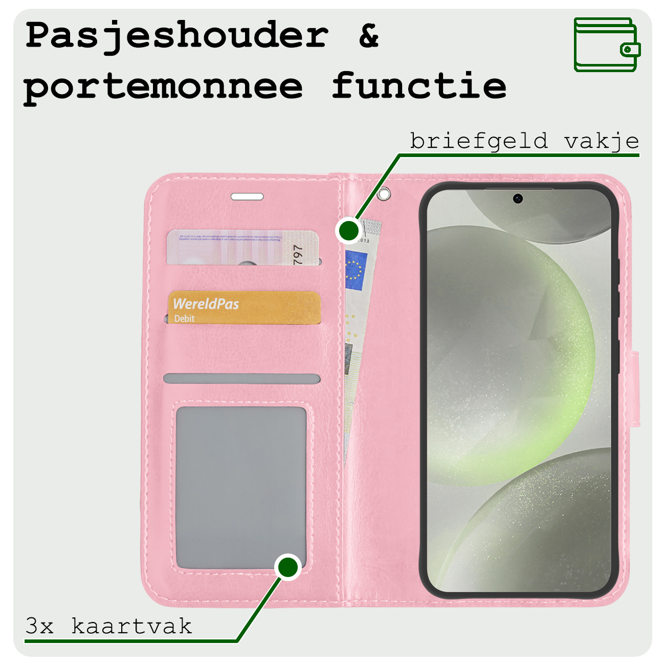 BASEY. Hoes Geschikt voor Samsung S24 Plus Hoesje Bookcase Hoes Flip Case Book Cover Met Screenprotector - Hoesje Geschikt voor Samsung Galaxy S24 Plus Hoes Book Case Hoesje - Lichtroze