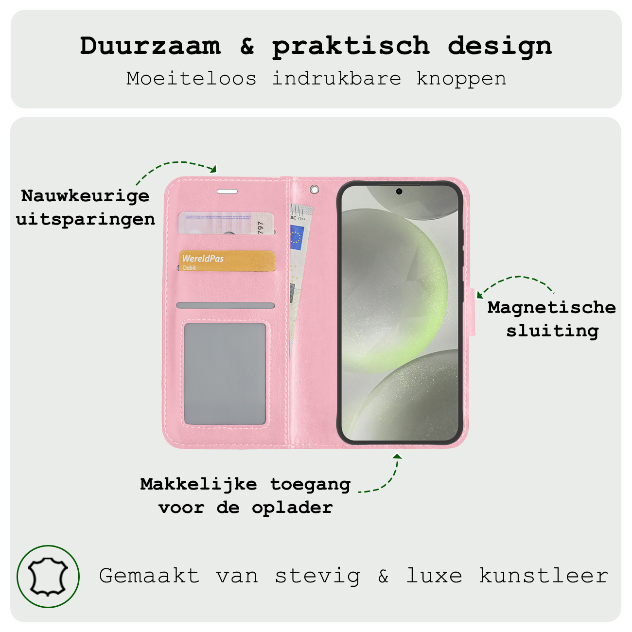 BASEY. Hoes Geschikt voor Samsung S24 Plus Hoesje Bookcase Hoes Flip Case Book Cover Met Screenprotector - Hoesje Geschikt voor Samsung Galaxy S24 Plus Hoes Book Case Hoesje - Lichtroze