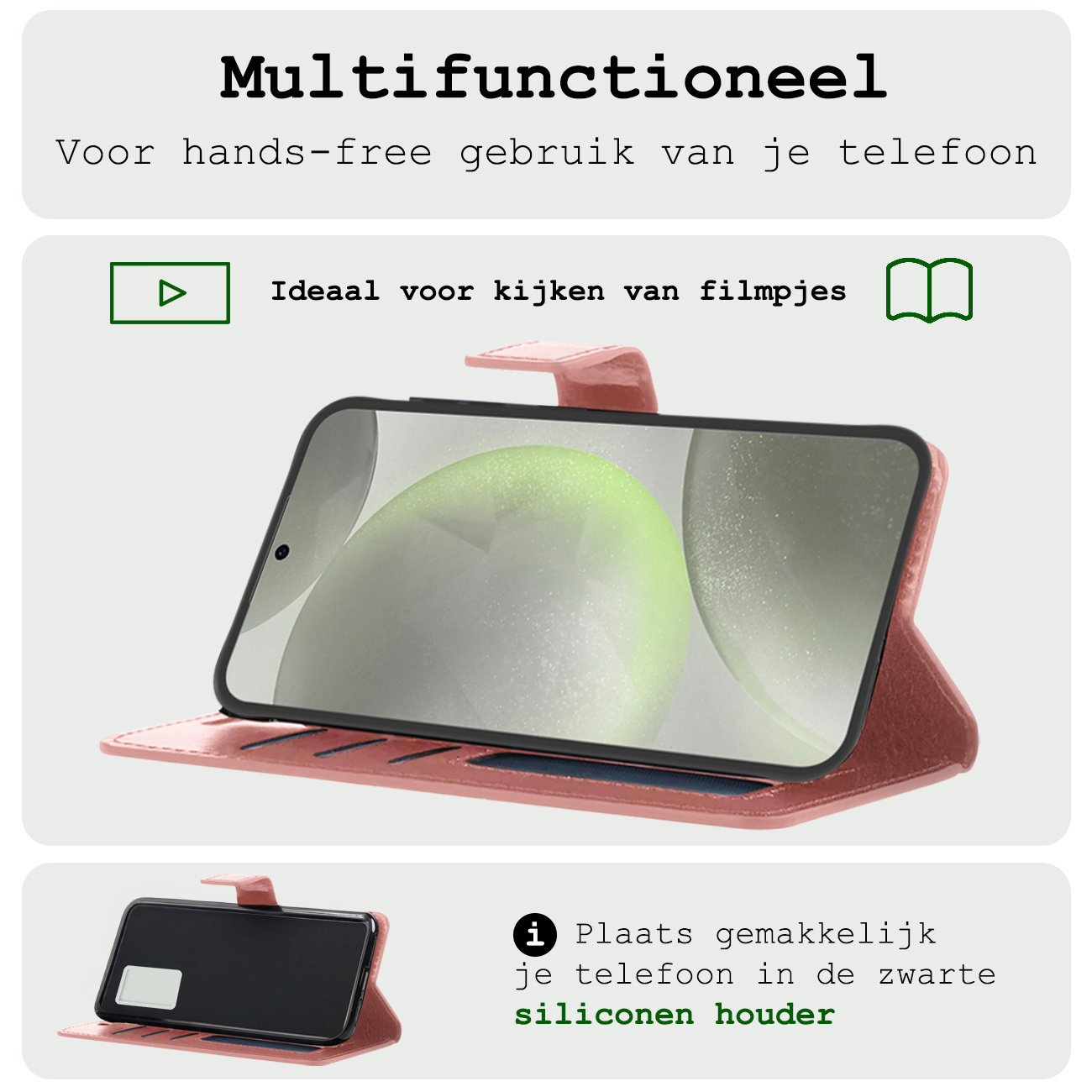 BASEY. Hoes Geschikt voor Samsung S24 Plus Hoesje Bookcase Hoes Flip Case Book Cover Met Screenprotector - Hoesje Geschikt voor Samsung Galaxy S24 Plus Hoes Book Case Hoesje - Rosé goud