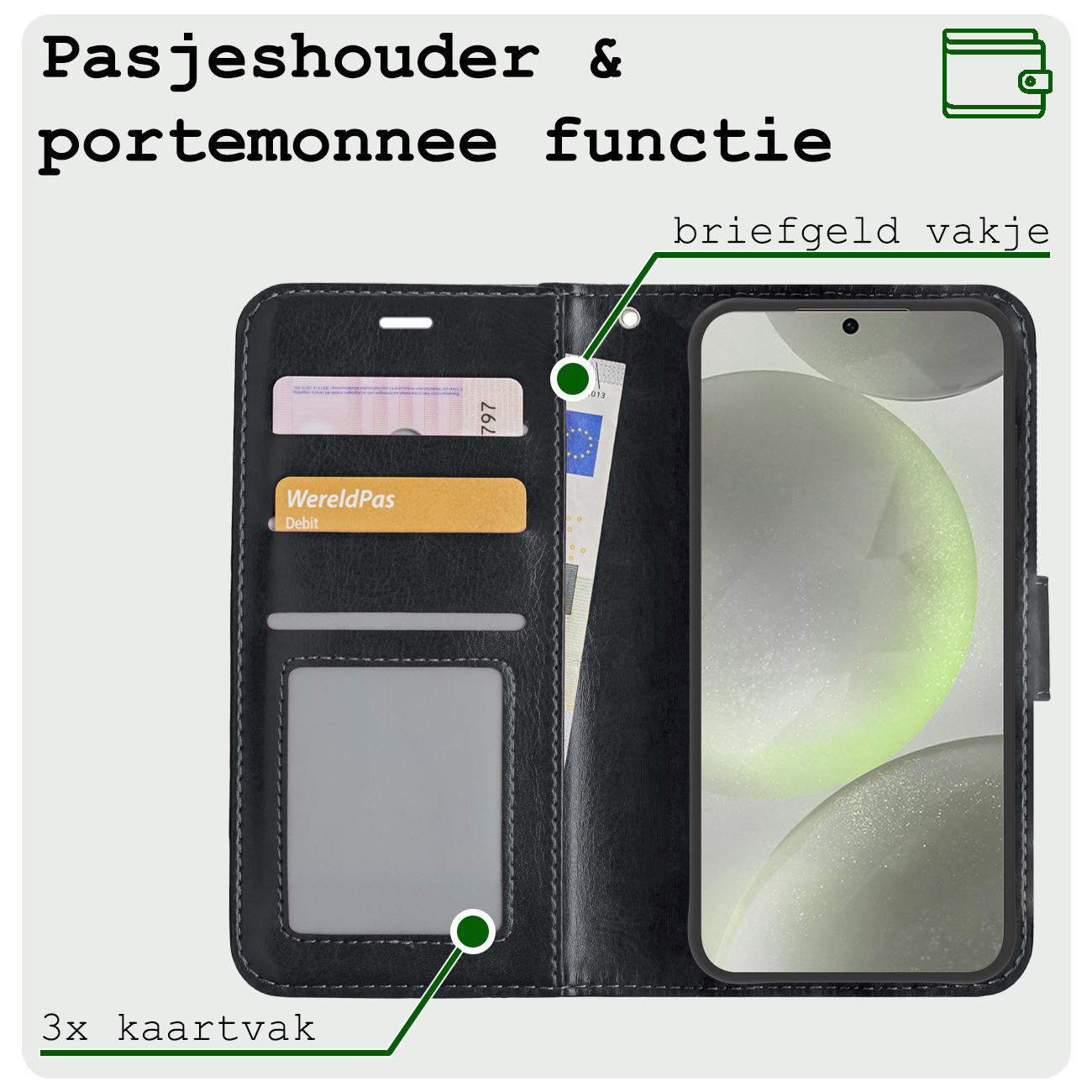 BASEY. Hoes Geschikt voor Samsung S24 Plus Hoesje Bookcase Hoes Flip Case Book Cover Met Screenprotector - Hoesje Geschikt voor Samsung Galaxy S24 Plus Hoes Book Case Hoesje - Zwart