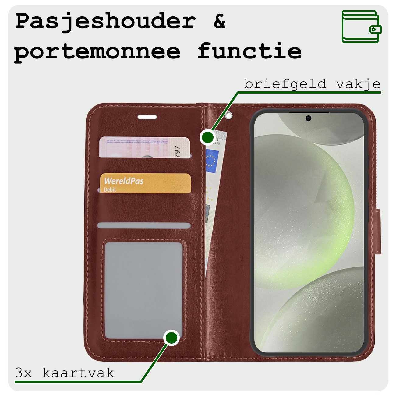 BASEY. Hoes Geschikt voor Samsung S24 Plus Hoesje Bookcase Hoes Flip Case Book Cover Met 2x Screenprotector - Hoesje Geschikt voor Samsung Galaxy S24 Plus Hoes Book Case Hoesje - Bruin