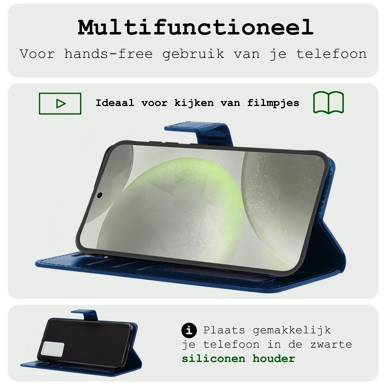 BASEY. Hoes Geschikt voor Samsung S24 Plus Hoesje Bookcase Hoes Flip Case Book Cover Met 2x Screenprotector - Hoesje Geschikt voor Samsung Galaxy S24 Plus Hoes Book Case Hoesje - Donkerblauw