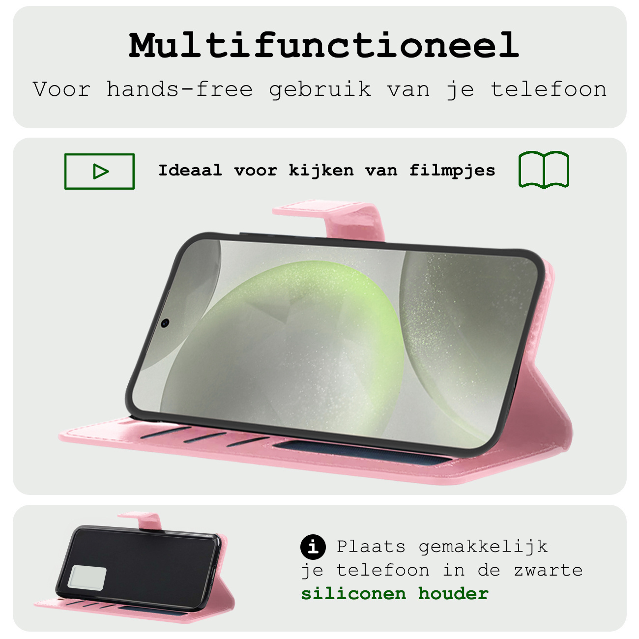 BASEY. Hoes Geschikt voor Samsung S24 Plus Hoesje Bookcase Hoes Flip Case Book Cover Met 2x Screenprotector - Hoesje Geschikt voor Samsung Galaxy S24 Plus Hoes Book Case Hoesje - Lichtroze