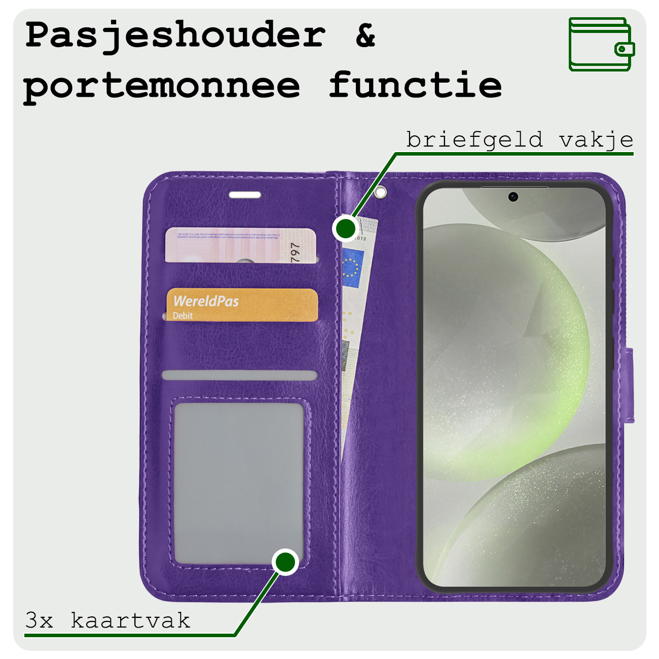 BASEY. Hoes Geschikt voor Samsung S24 Plus Hoesje Bookcase Hoes Flip Case Book Cover Met 2x Screenprotector - Hoesje Geschikt voor Samsung Galaxy S24 Plus Hoes Book Case Hoesje - Paars