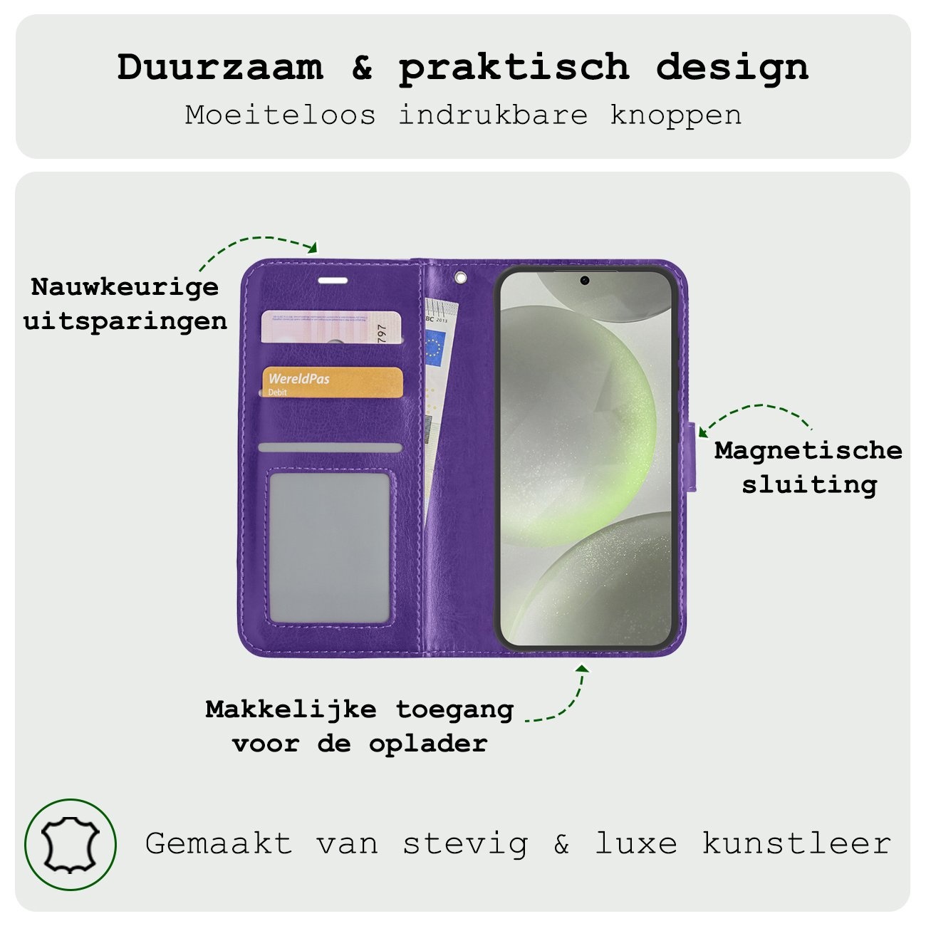 BASEY. Hoes Geschikt voor Samsung S24 Plus Hoesje Bookcase Hoes Flip Case Book Cover Met 2x Screenprotector - Hoesje Geschikt voor Samsung Galaxy S24 Plus Hoes Book Case Hoesje - Paars