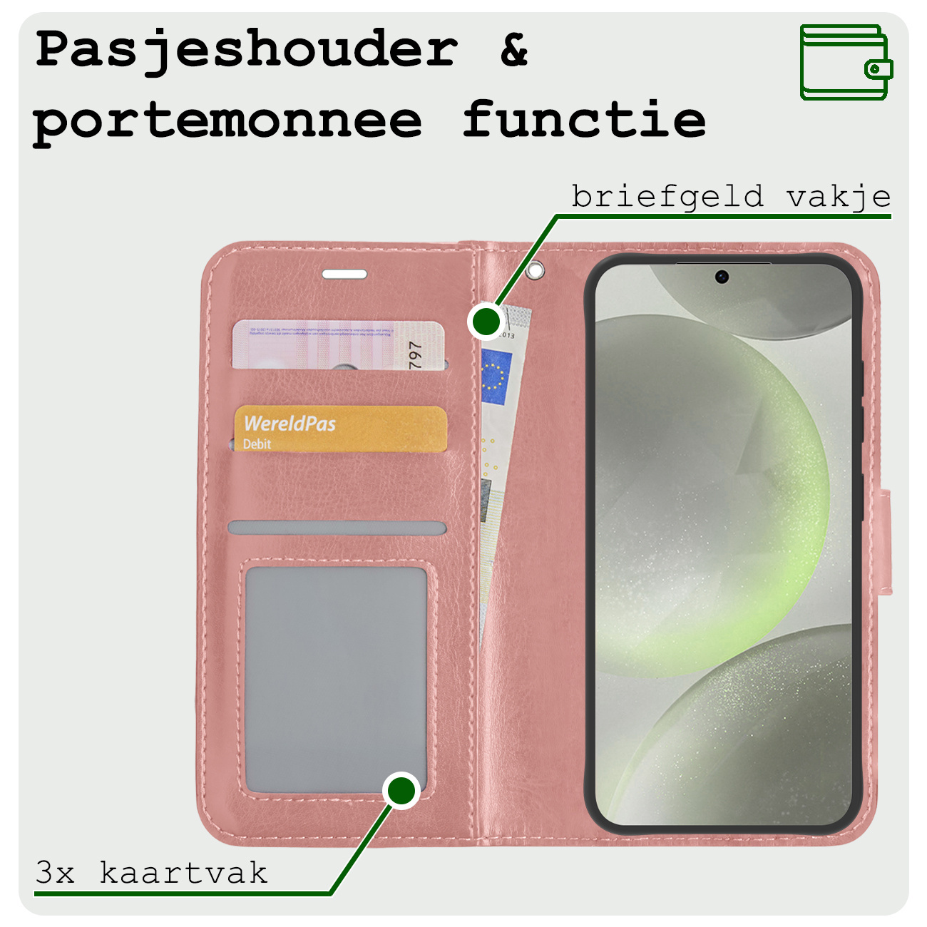 BASEY. Hoes Geschikt voor Samsung S24 Plus Hoesje Bookcase Hoes Flip Case Book Cover Met 2x Screenprotector - Hoesje Geschikt voor Samsung Galaxy S24 Plus Hoes Book Case Hoesje - Rosé goud