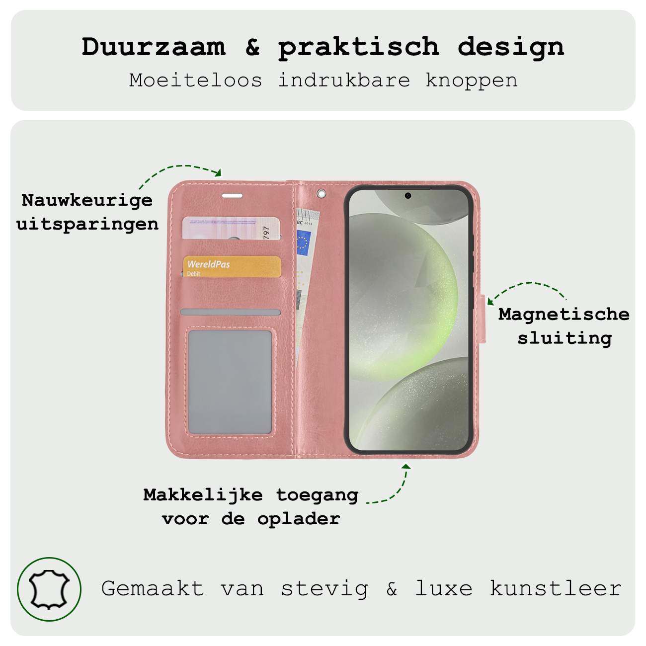 BASEY. Hoes Geschikt voor Samsung S24 Plus Hoesje Bookcase Hoes Flip Case Book Cover Met 2x Screenprotector - Hoesje Geschikt voor Samsung Galaxy S24 Plus Hoes Book Case Hoesje - Rosé goud