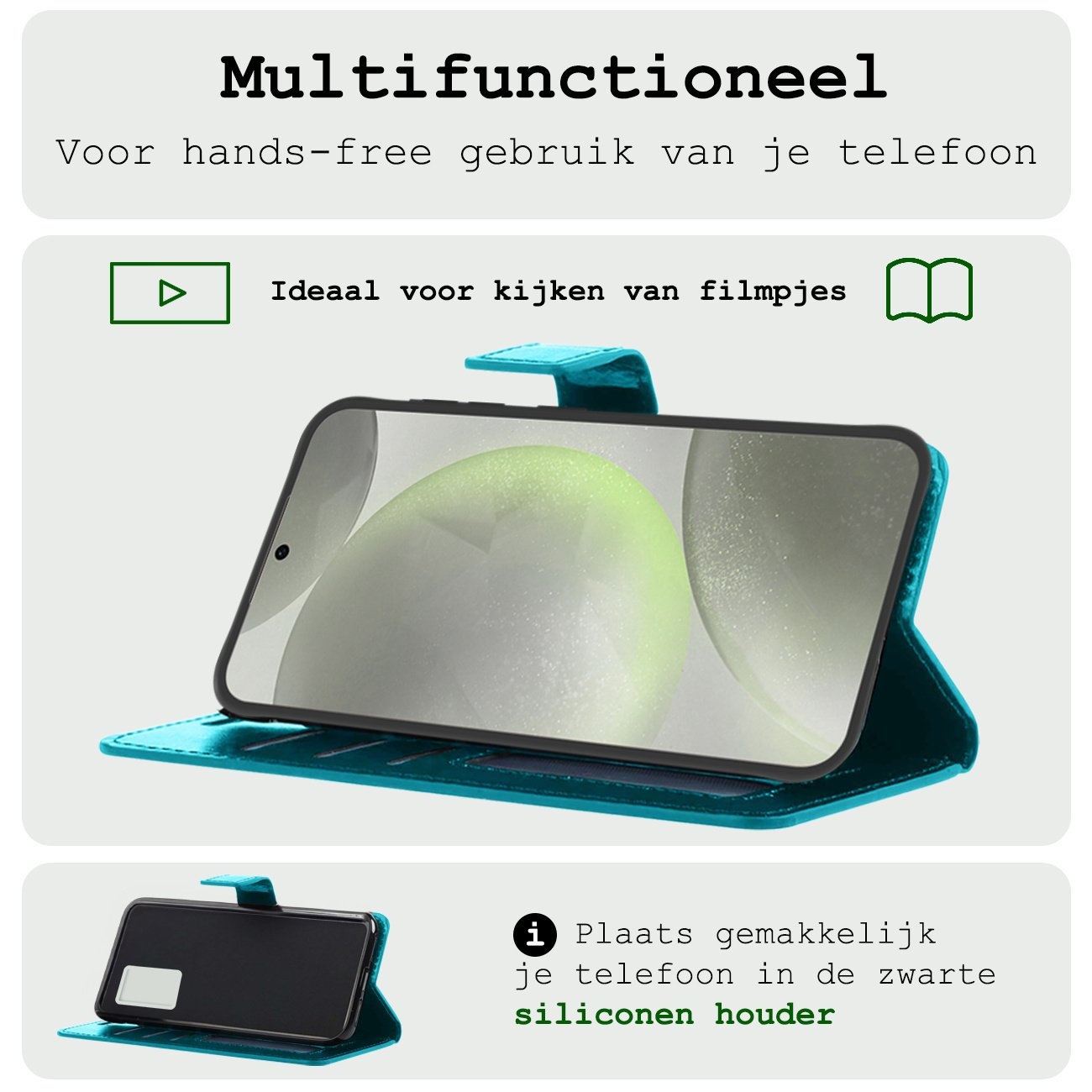 BASEY. Hoes Geschikt voor Samsung S24 Plus Hoesje Bookcase Hoes Flip Case Book Cover Met 2x Screenprotector - Hoesje Geschikt voor Samsung Galaxy S24 Plus Hoes Book Case Hoesje - Turquoise