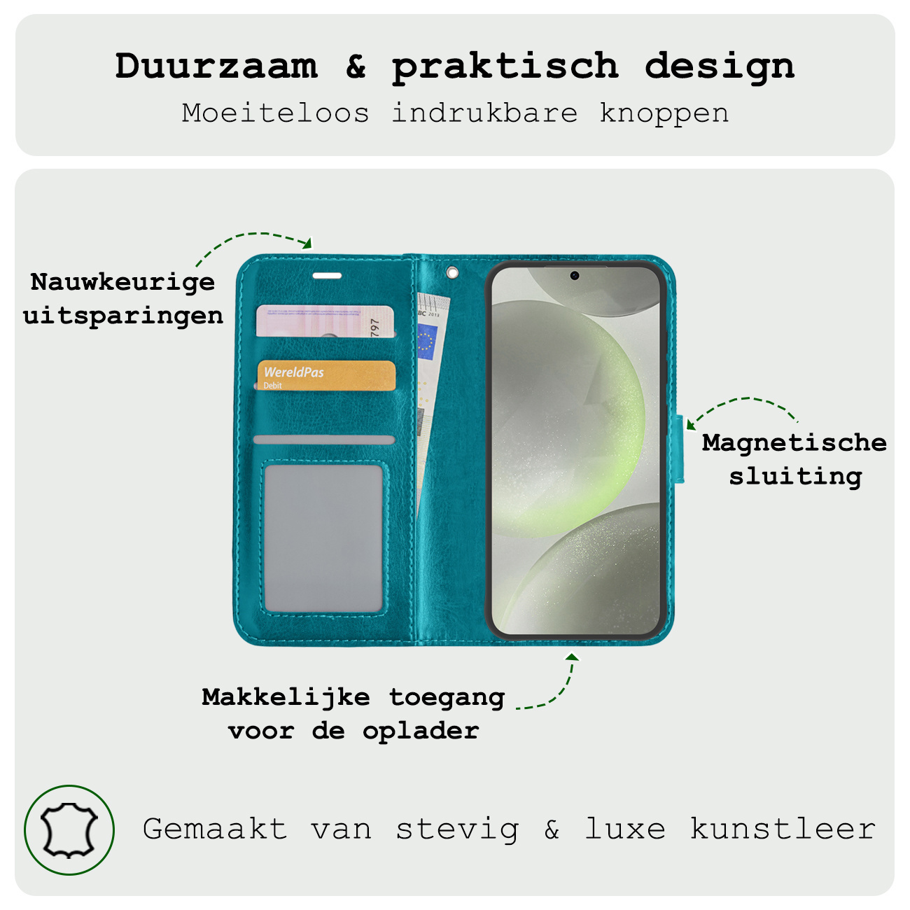 BASEY. Hoes Geschikt voor Samsung S24 Plus Hoesje Bookcase Hoes Flip Case Book Cover Met 2x Screenprotector - Hoesje Geschikt voor Samsung Galaxy S24 Plus Hoes Book Case Hoesje - Turquoise