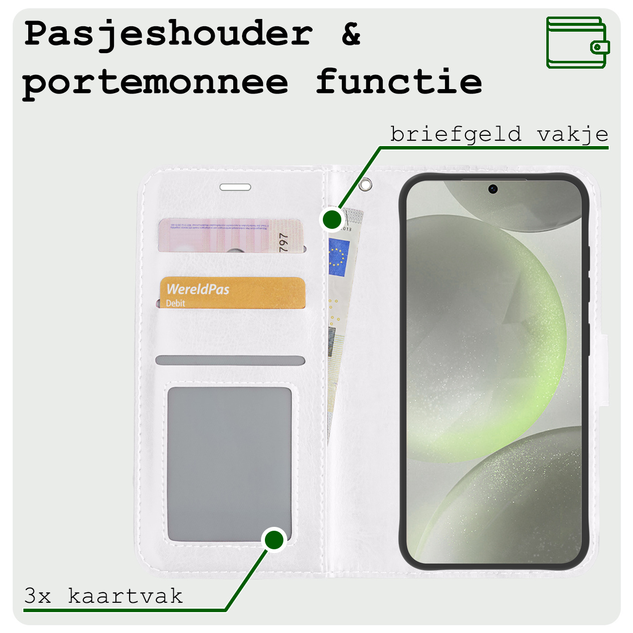 BASEY. Hoes Geschikt voor Samsung S24 Plus Hoesje Bookcase Hoes Flip Case Book Cover Met 2x Screenprotector - Hoesje Geschikt voor Samsung Galaxy S24 Plus Hoes Book Case Hoesje - Wit