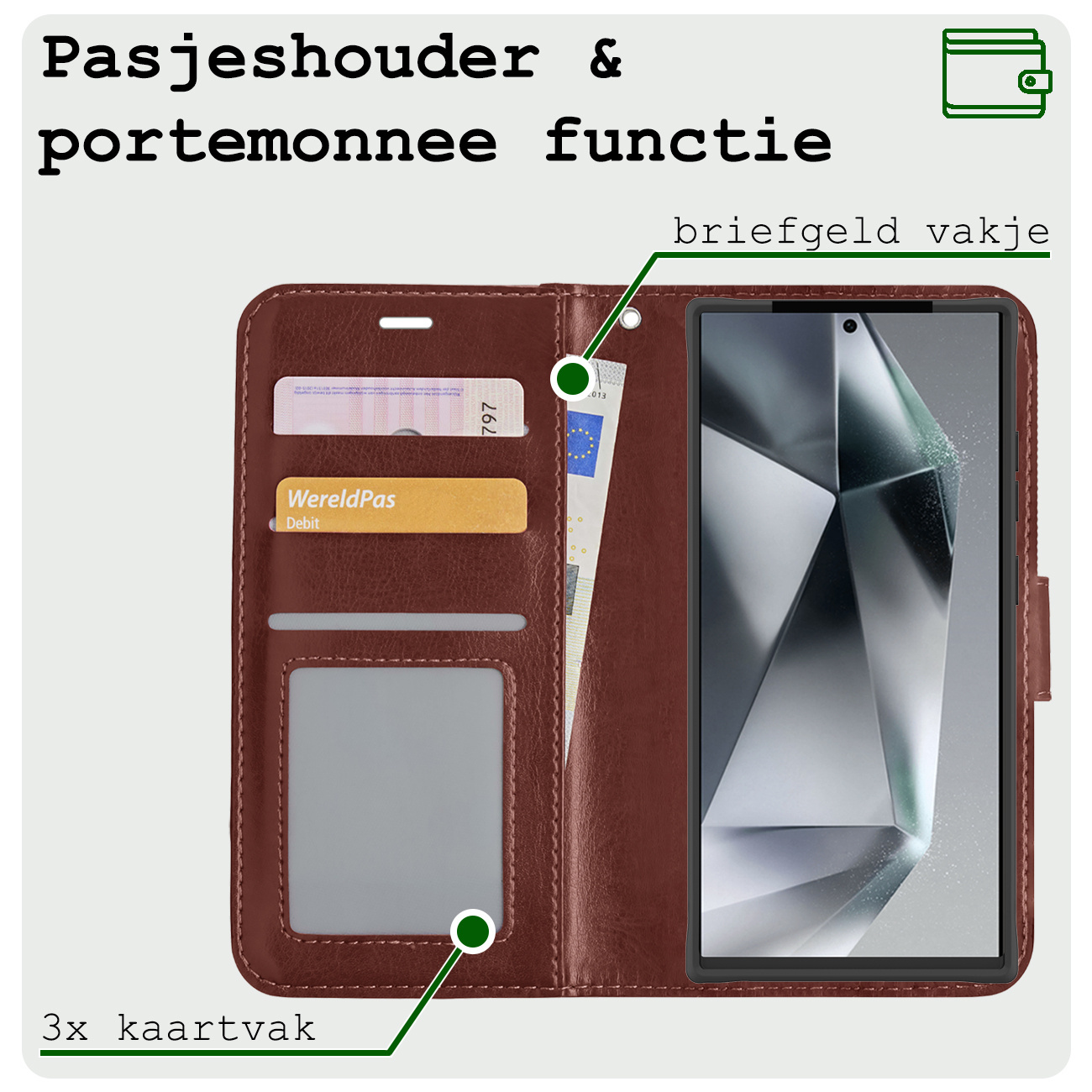 BASEY. Hoes Geschikt voor Samsung S24 Ultra Hoesje Bookcase Hoes Flip Case Book Cover Met Screenprotector - Hoesje Geschikt voor Samsung Galaxy S24 Ultra Hoes Book Case Hoesje - Bruin