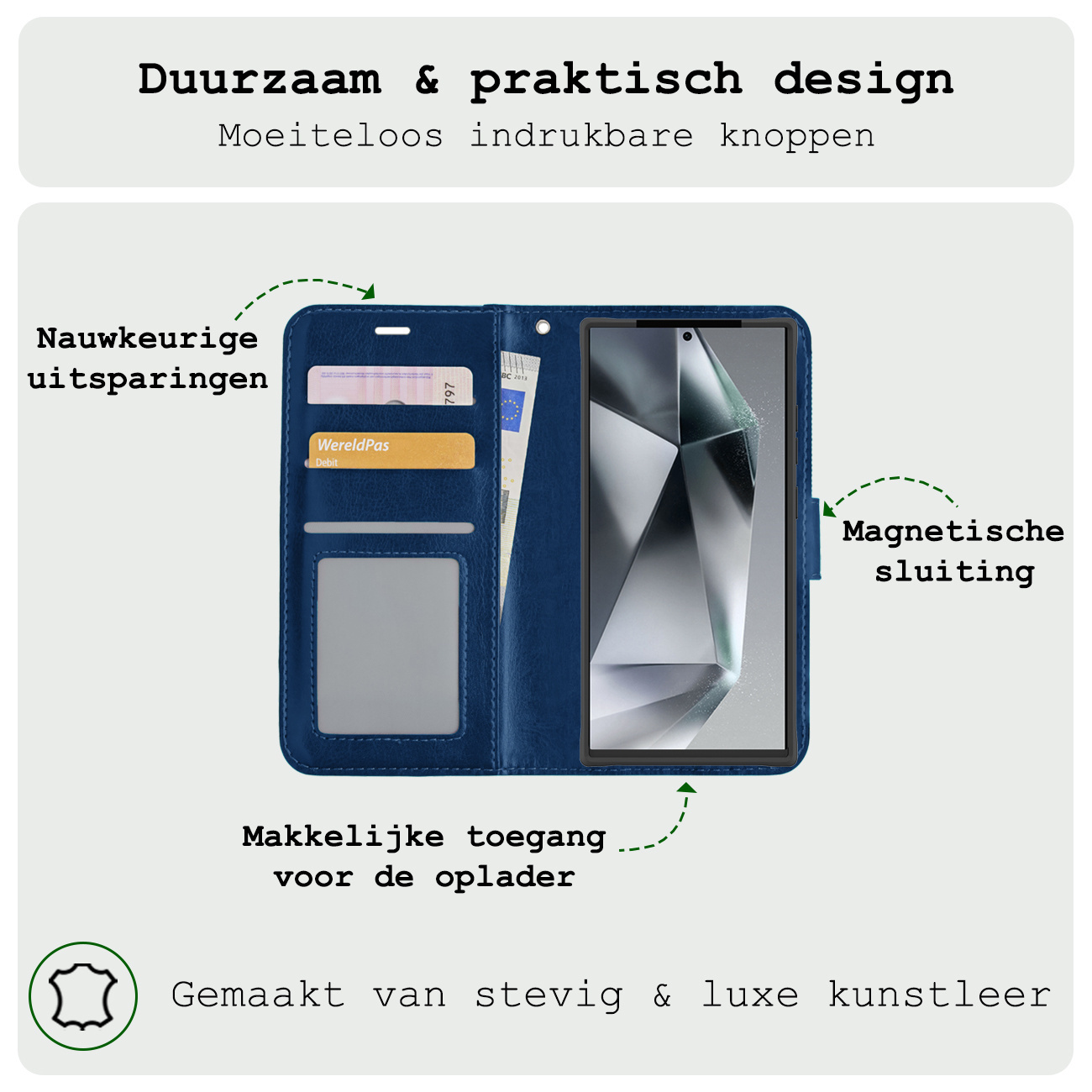 BASEY. Hoes Geschikt voor Samsung S24 Ultra Hoesje Bookcase Hoes Flip Case Book Cover Met Screenprotector - Hoesje Geschikt voor Samsung Galaxy S24 Ultra Hoes Book Case Hoesje - Donkerblauw