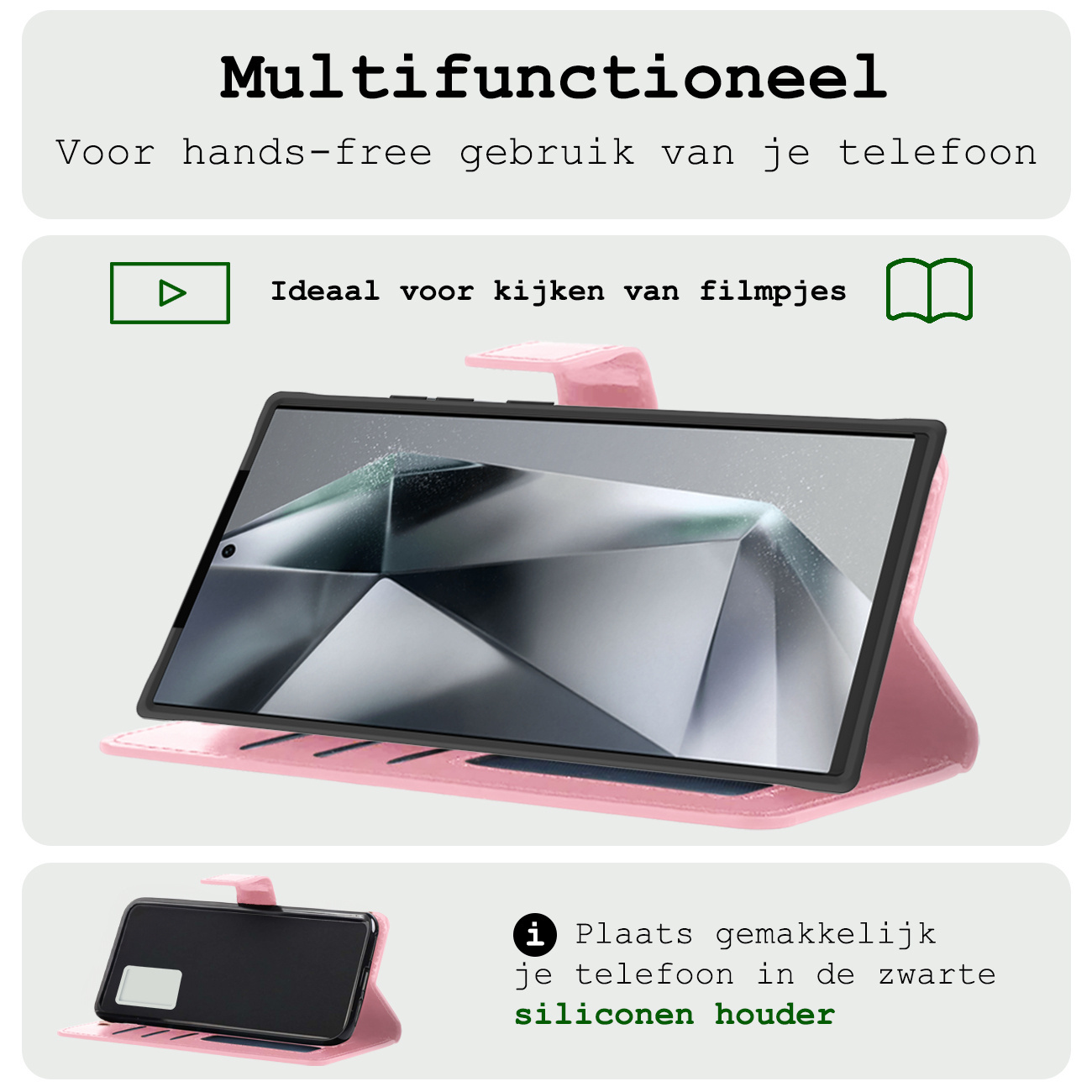 BASEY. Hoes Geschikt voor Samsung S24 Ultra Hoesje Bookcase Hoes Flip Case Book Cover Met Screenprotector - Hoesje Geschikt voor Samsung Galaxy S24 Ultra Hoes Book Case Hoesje - Lichtroze