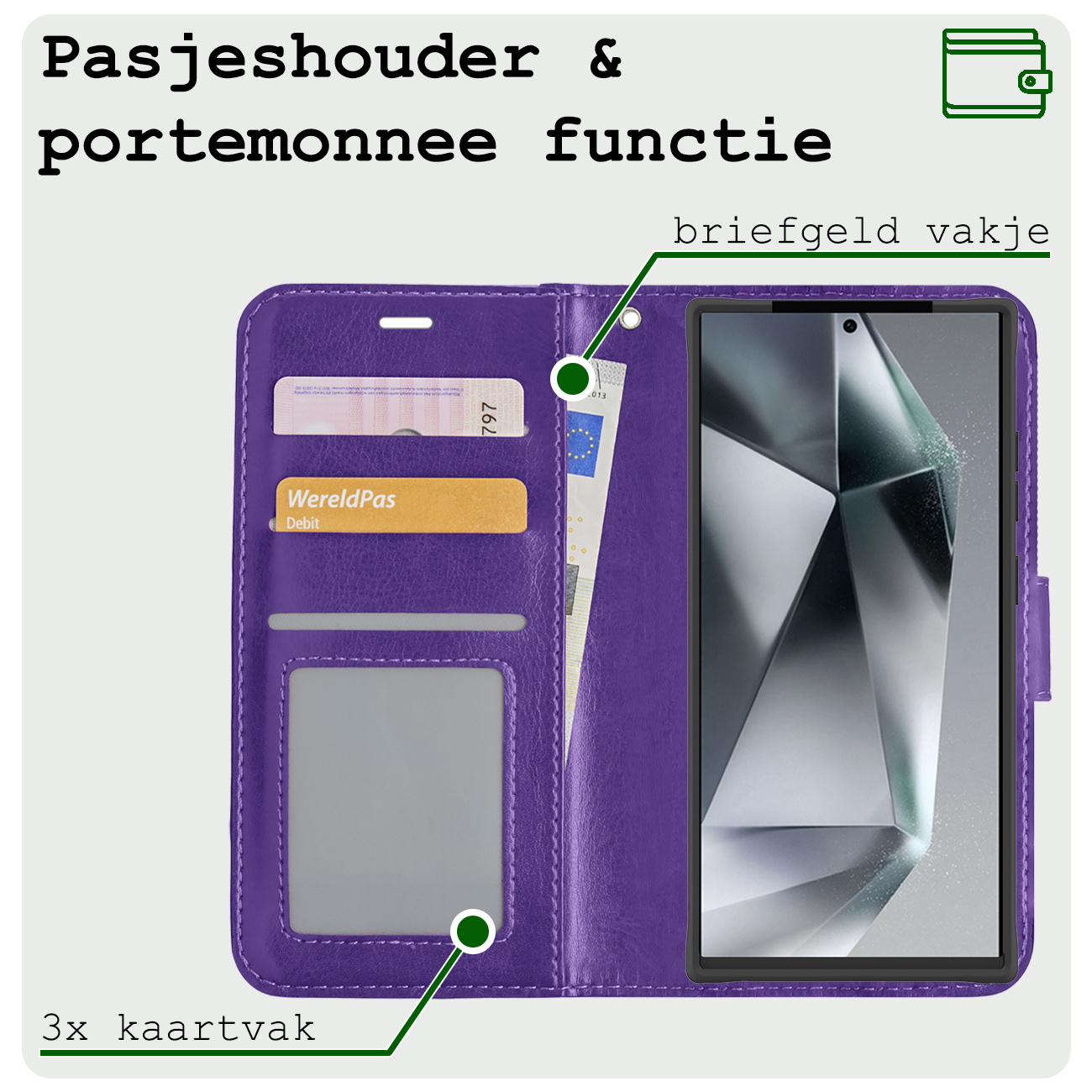 BASEY. Hoes Geschikt voor Samsung S24 Ultra Hoesje Bookcase Hoes Flip Case Book Cover Met Screenprotector - Hoesje Geschikt voor Samsung Galaxy S24 Ultra Hoes Book Case Hoesje - Paars