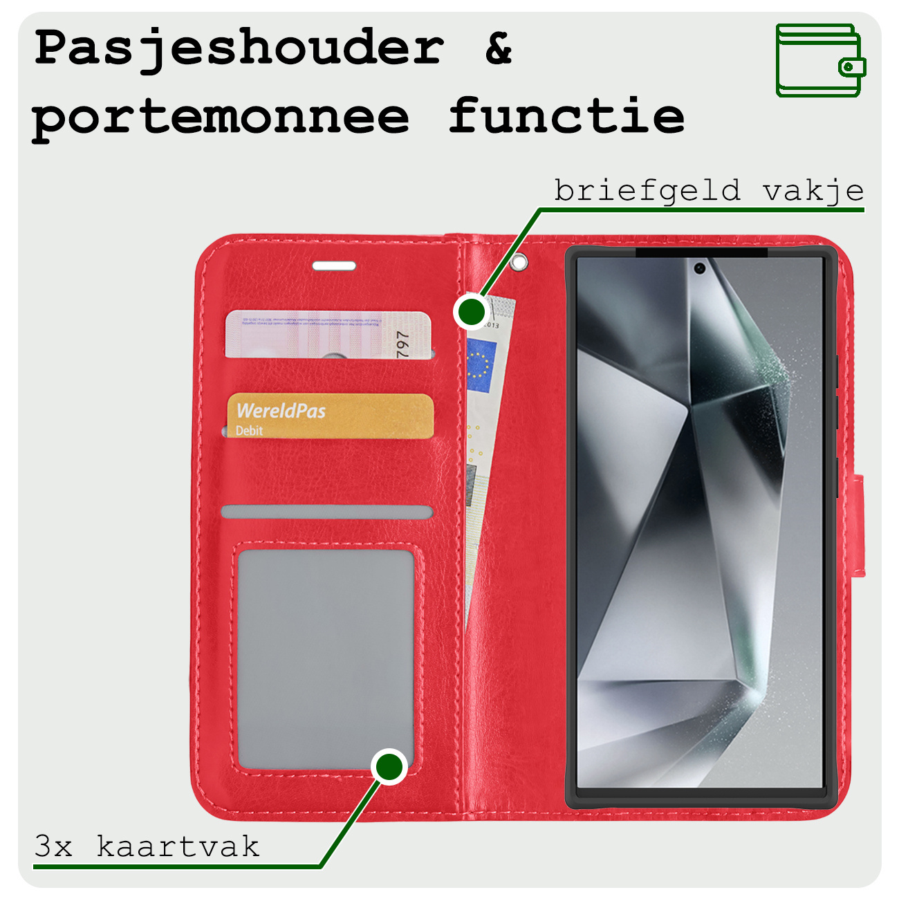BASEY. Hoes Geschikt voor Samsung S24 Ultra Hoesje Bookcase Hoes Flip Case Book Cover Met Screenprotector - Hoesje Geschikt voor Samsung Galaxy S24 Ultra Hoes Book Case Hoesje - Rood