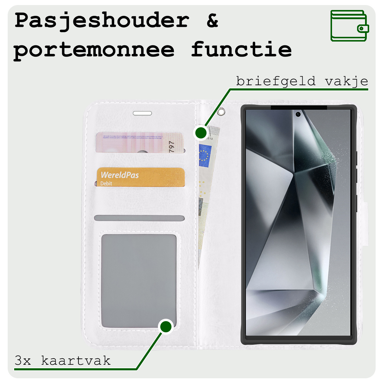 BASEY. Hoes Geschikt voor Samsung S24 Ultra Hoesje Bookcase Hoes Flip Case Book Cover Met Screenprotector - Hoesje Geschikt voor Samsung Galaxy S24 Ultra Hoes Book Case Hoesje - Wit