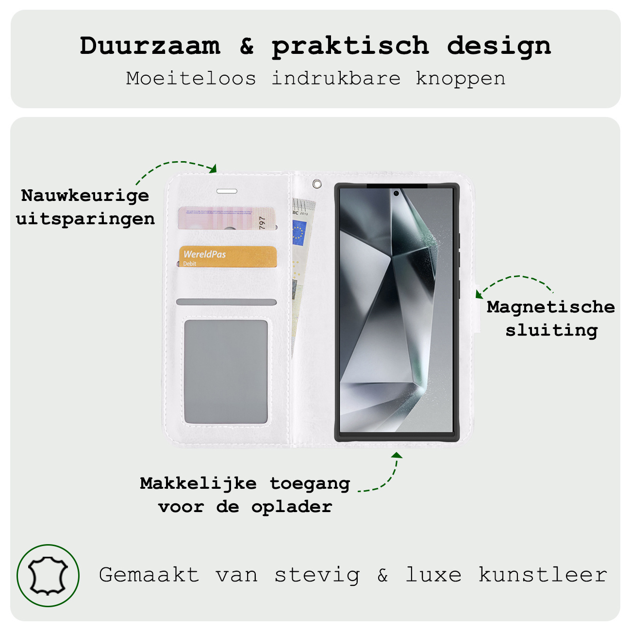 BASEY. Hoes Geschikt voor Samsung S24 Ultra Hoesje Bookcase Hoes Flip Case Book Cover Met Screenprotector - Hoesje Geschikt voor Samsung Galaxy S24 Ultra Hoes Book Case Hoesje - Wit