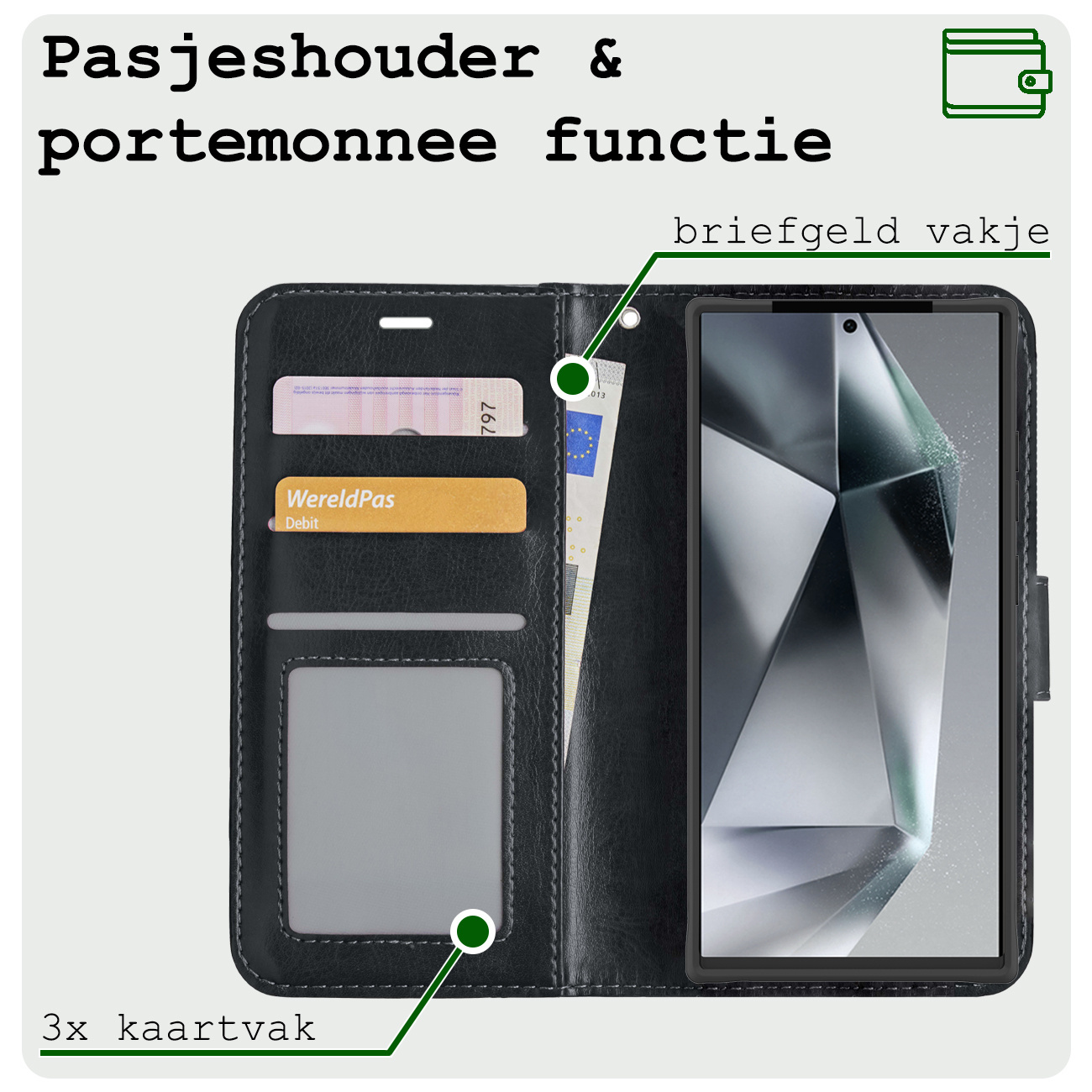 BASEY. Hoes Geschikt voor Samsung S24 Ultra Hoesje Bookcase Hoes Flip Case Book Cover Met Screenprotector - Hoesje Geschikt voor Samsung Galaxy S24 Ultra Hoes Book Case Hoesje - Zwart