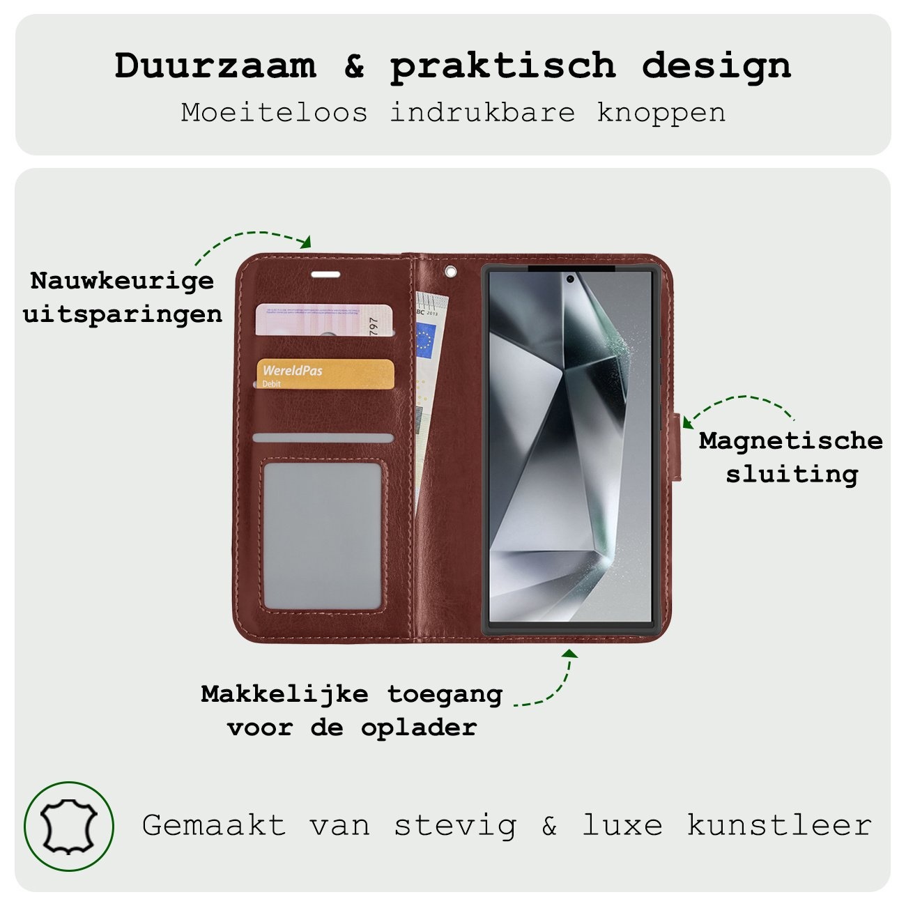 BASEY. Hoes Geschikt voor Samsung S24 Ultra Hoesje Bookcase Hoes Flip Case Book Cover Met 2x Screenprotector - Hoesje Geschikt voor Samsung Galaxy S24 Ultra Hoes Book Case Hoesje - Bruin