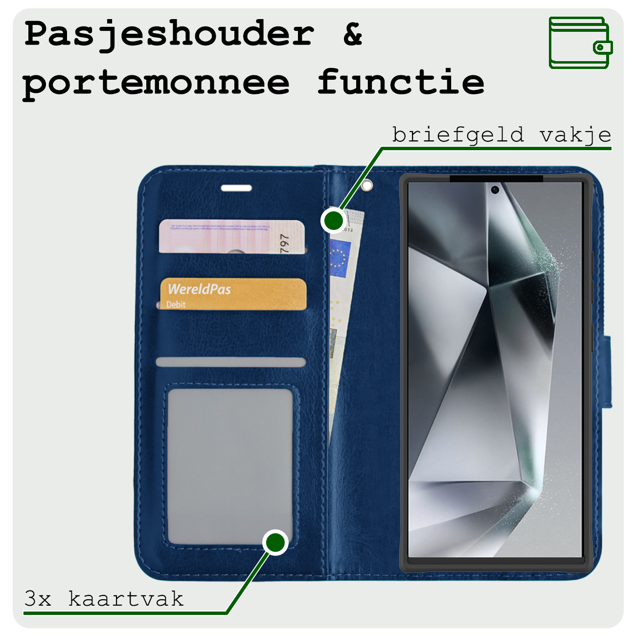 BASEY. Hoes Geschikt voor Samsung S24 Ultra Hoesje Bookcase Hoes Flip Case Book Cover Met 2x Screenprotector - Hoesje Geschikt voor Samsung Galaxy S24 Ultra Hoes Book Case Hoesje - Donkerblauw
