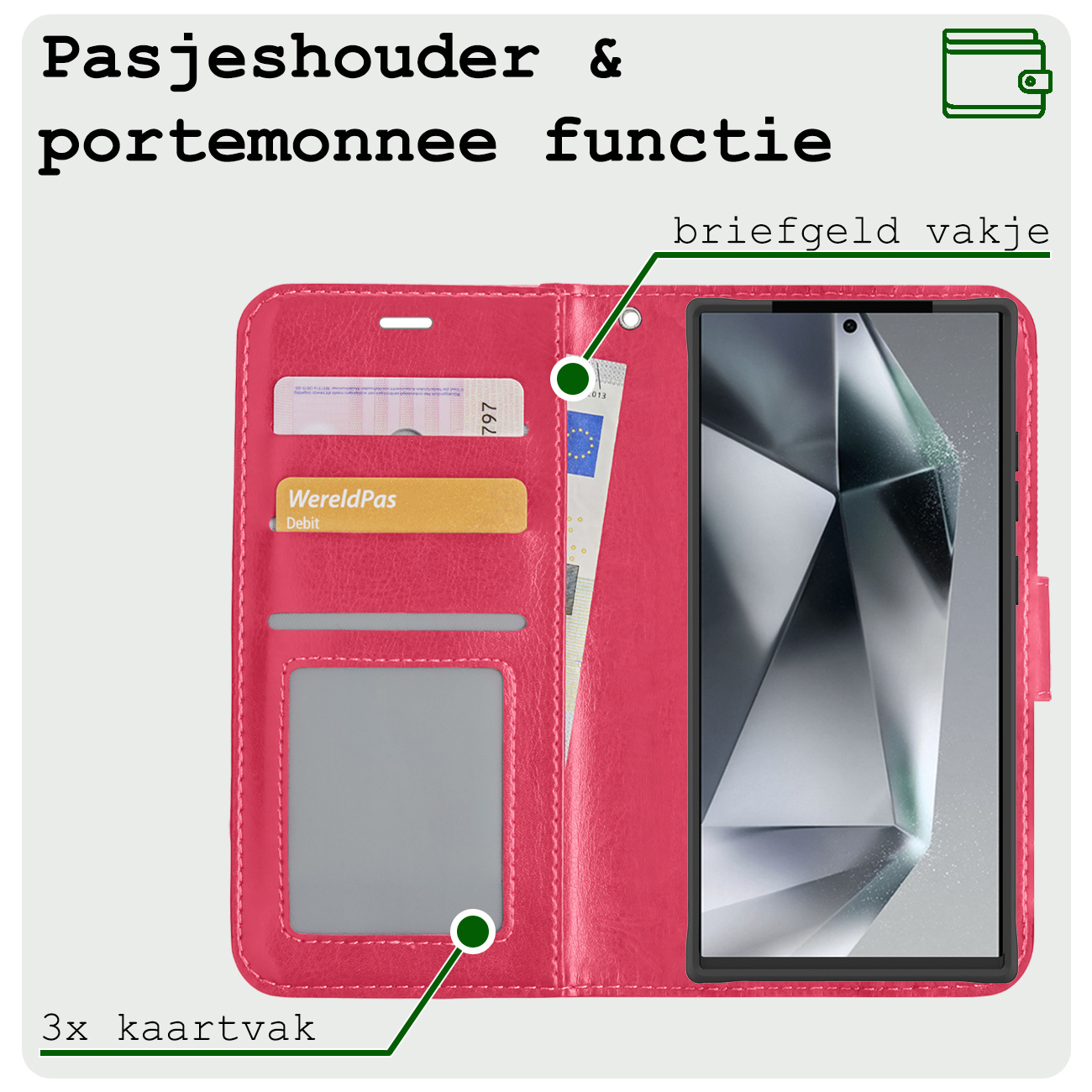 BASEY. Hoes Geschikt voor Samsung S24 Ultra Hoesje Bookcase Hoes Flip Case Book Cover Met 2x Screenprotector - Hoesje Geschikt voor Samsung Galaxy S24 Ultra Hoes Book Case Hoesje - Donkerroze