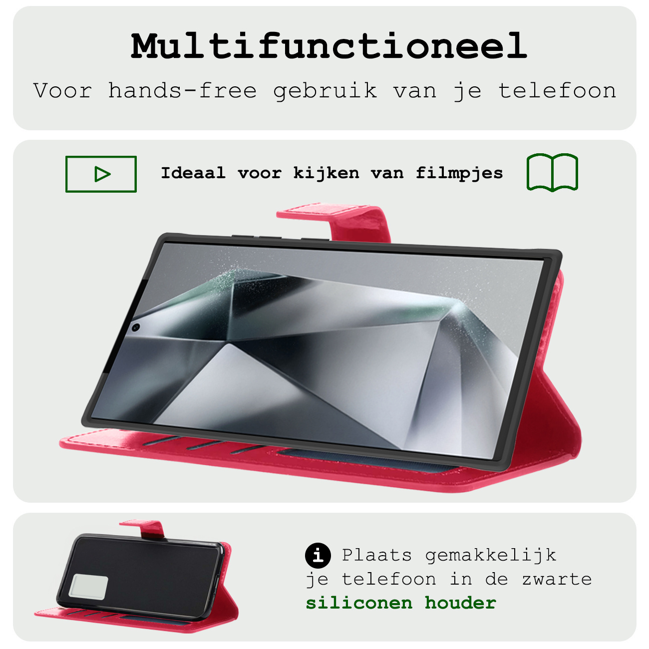 BASEY. Hoes Geschikt voor Samsung S24 Ultra Hoesje Bookcase Hoes Flip Case Book Cover Met 2x Screenprotector - Hoesje Geschikt voor Samsung Galaxy S24 Ultra Hoes Book Case Hoesje - Donkerroze