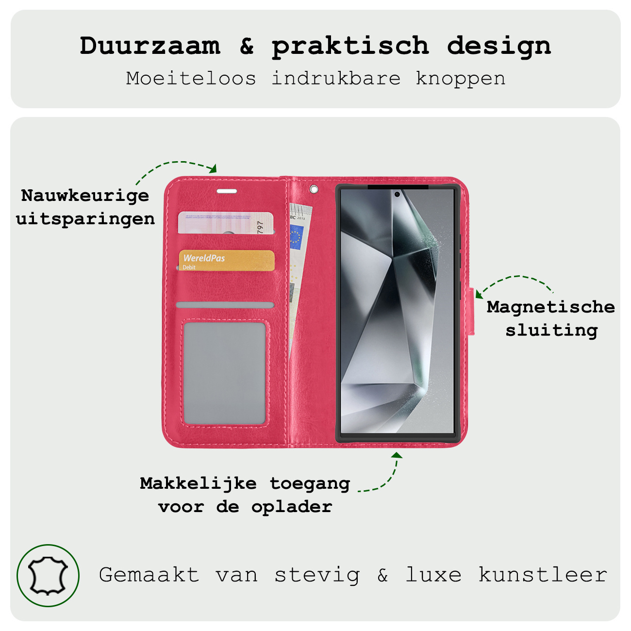 BASEY. Hoes Geschikt voor Samsung S24 Ultra Hoesje Bookcase Hoes Flip Case Book Cover Met 2x Screenprotector - Hoesje Geschikt voor Samsung Galaxy S24 Ultra Hoes Book Case Hoesje - Donkerroze