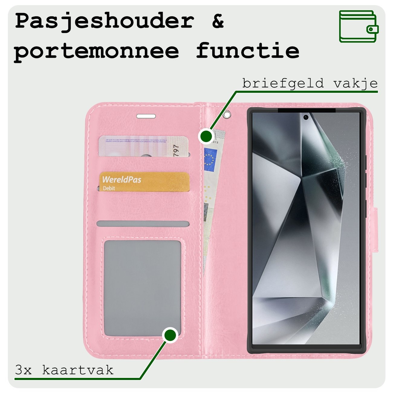 BASEY. Hoes Geschikt voor Samsung S24 Ultra Hoesje Bookcase Hoes Flip Case Book Cover Met 2x Screenprotector - Hoesje Geschikt voor Samsung Galaxy S24 Ultra Hoes Book Case Hoesje - Lichtroze