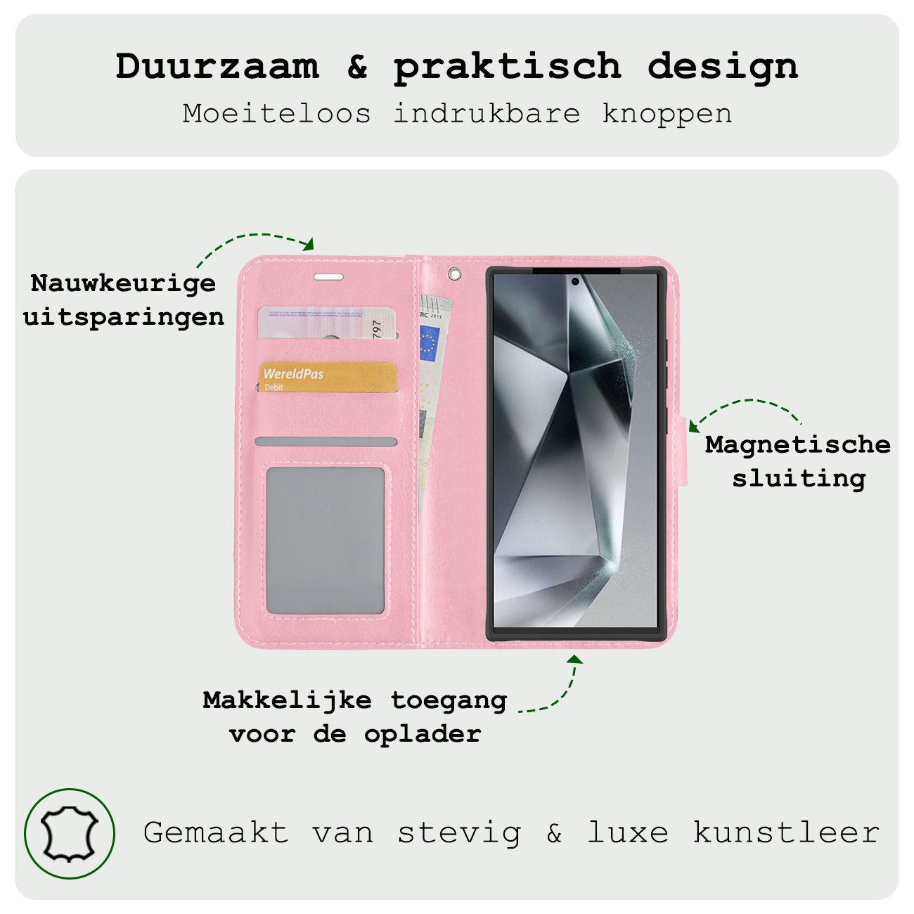 BASEY. Hoes Geschikt voor Samsung S24 Ultra Hoesje Bookcase Hoes Flip Case Book Cover Met 2x Screenprotector - Hoesje Geschikt voor Samsung Galaxy S24 Ultra Hoes Book Case Hoesje - Lichtroze