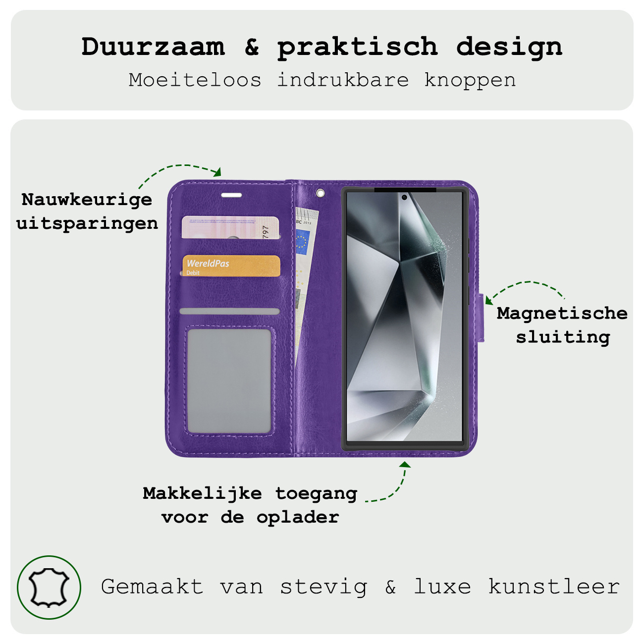 BASEY. Hoes Geschikt voor Samsung S24 Ultra Hoesje Bookcase Hoes Flip Case Book Cover Met 2x Screenprotector - Hoesje Geschikt voor Samsung Galaxy S24 Ultra Hoes Book Case Hoesje - Paars