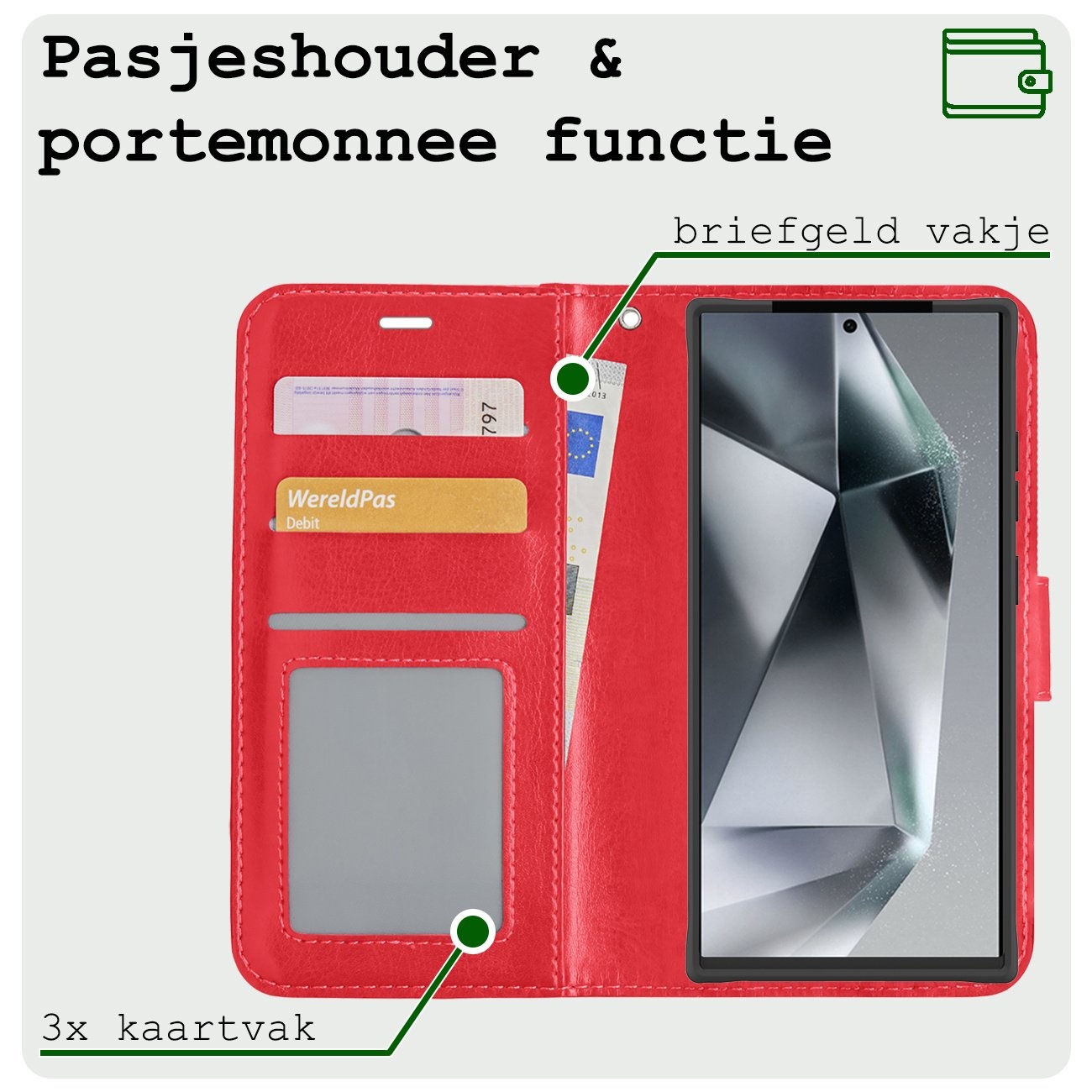 BASEY. Hoes Geschikt voor Samsung S24 Ultra Hoesje Bookcase Hoes Flip Case Book Cover Met 2x Screenprotector - Hoesje Geschikt voor Samsung Galaxy S24 Ultra Hoes Book Case Hoesje - Rood